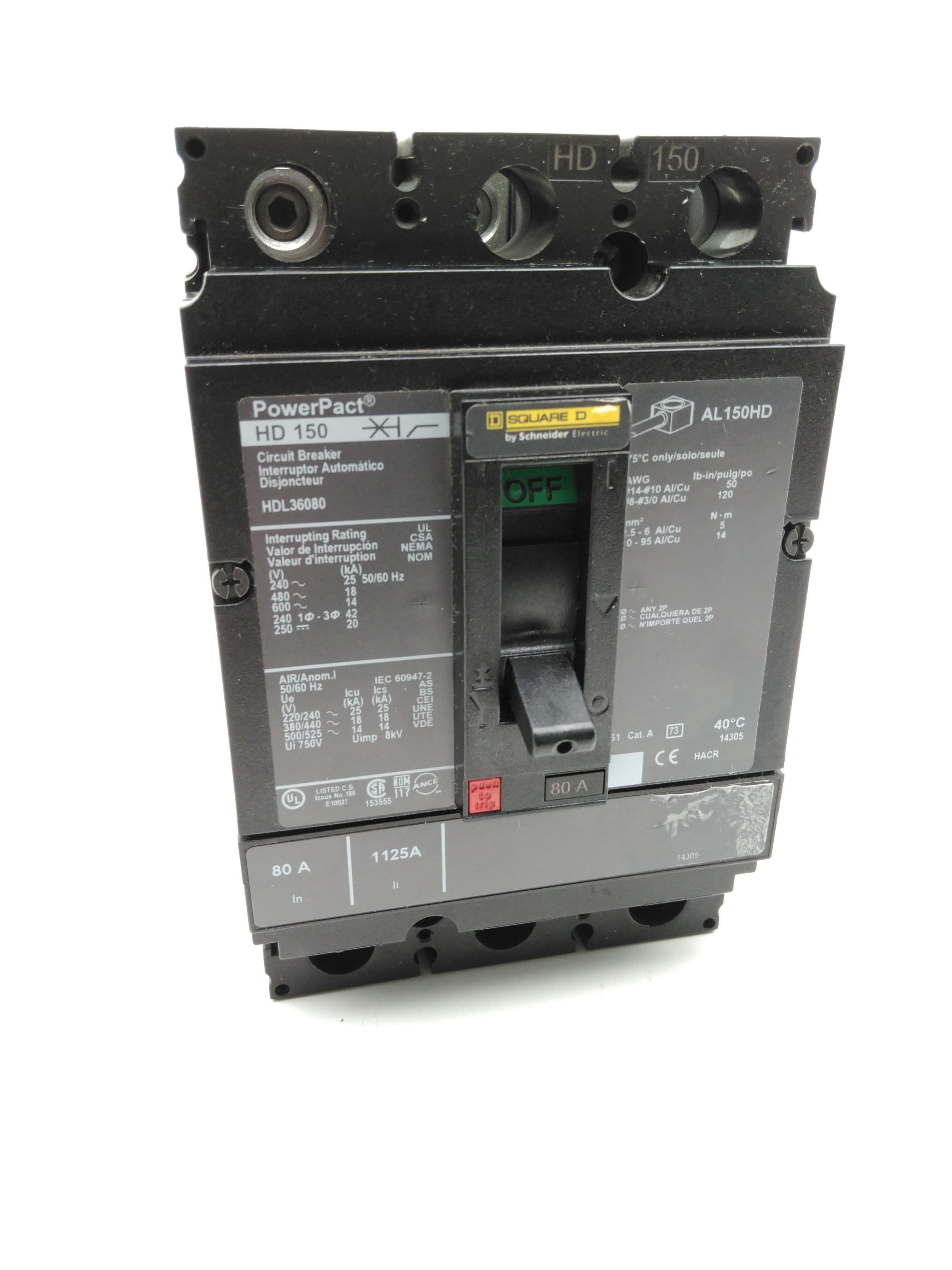 Schneider Electric Square D HDL36080 PowerPacT Circuit Breaker 80A, 3P, 600VAC
