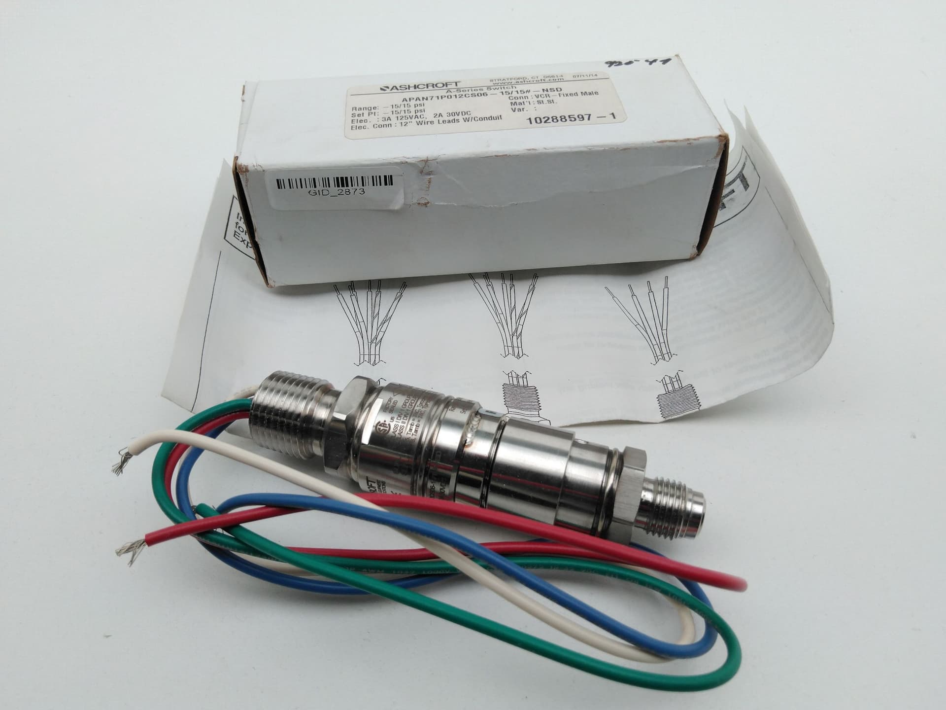 Ashcroft APAN71P012CS06-15/15#-NSD Pressure Switch 15PSI, 3A 125VAC, 2A 30VDC
