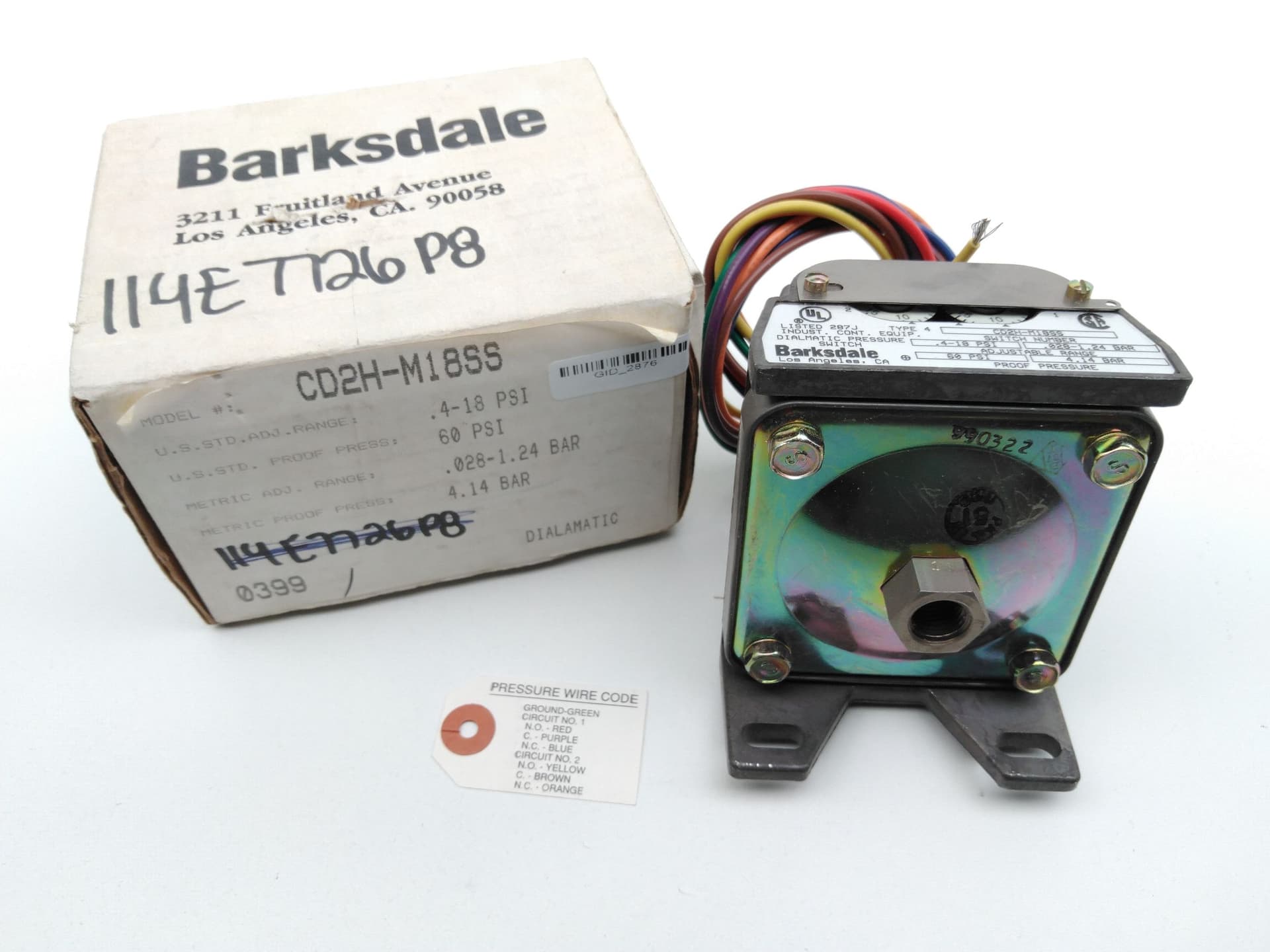 Barksdale CD2H-M18SS Dialmatic Pressure Switch Range: 0.4-18PSI Proof: 60PSI