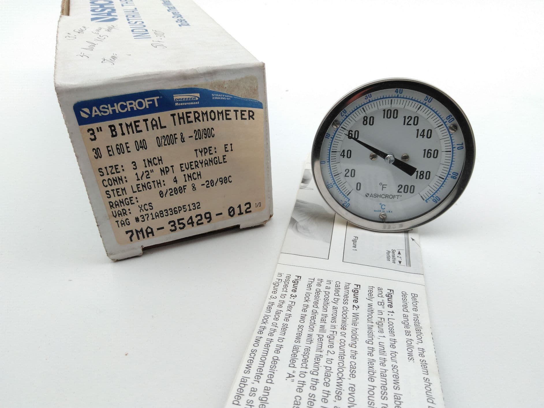 Ashcroft 30EI60E040/0-200F Bimetal Thermometer 3" Dial 0/200°F, Stem 4" 1/2"NPT