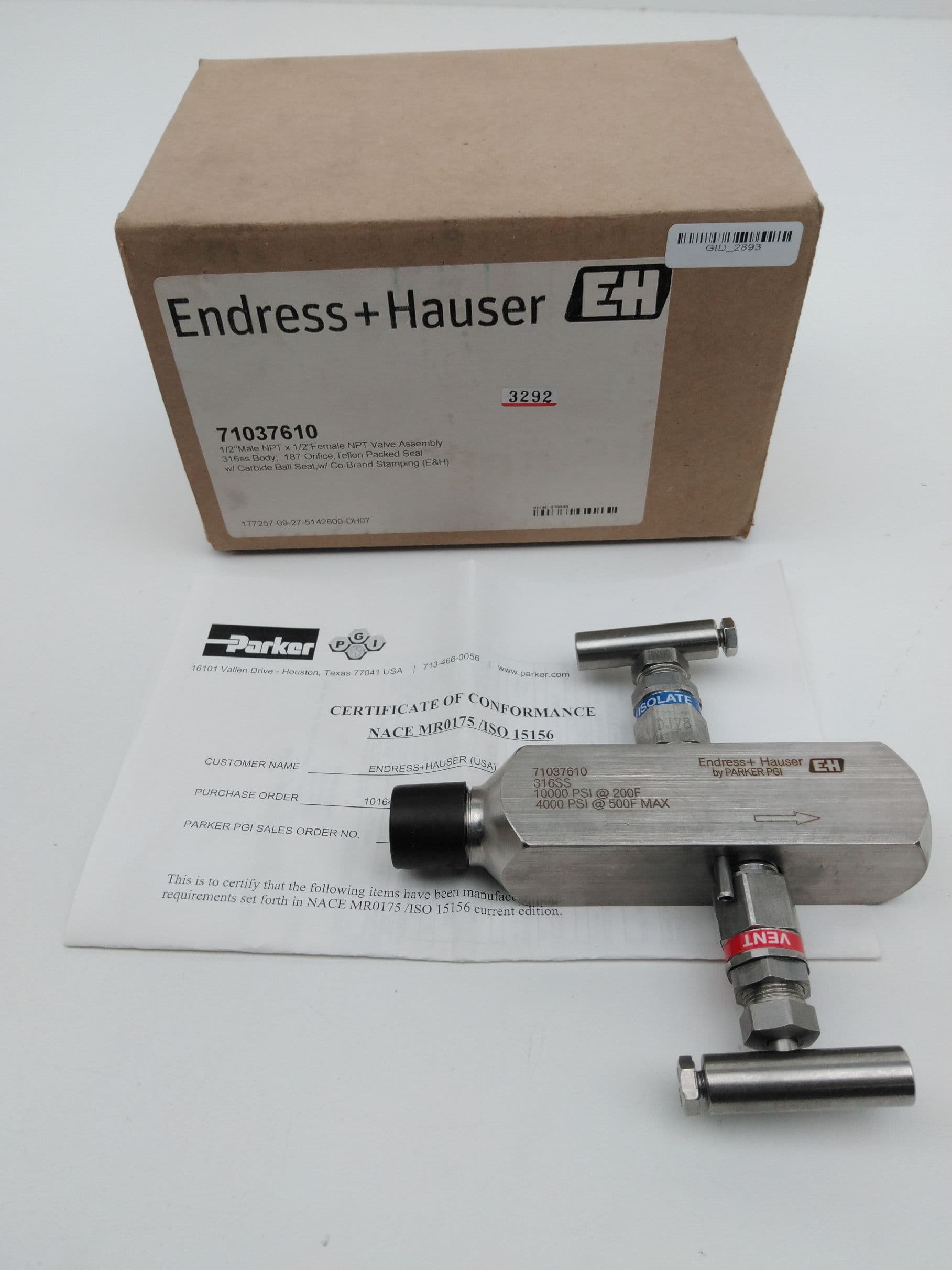 Endress+Hauser 71037610 Valve Assembly 1/2"MNPT x 1/2"FNPT,316SS