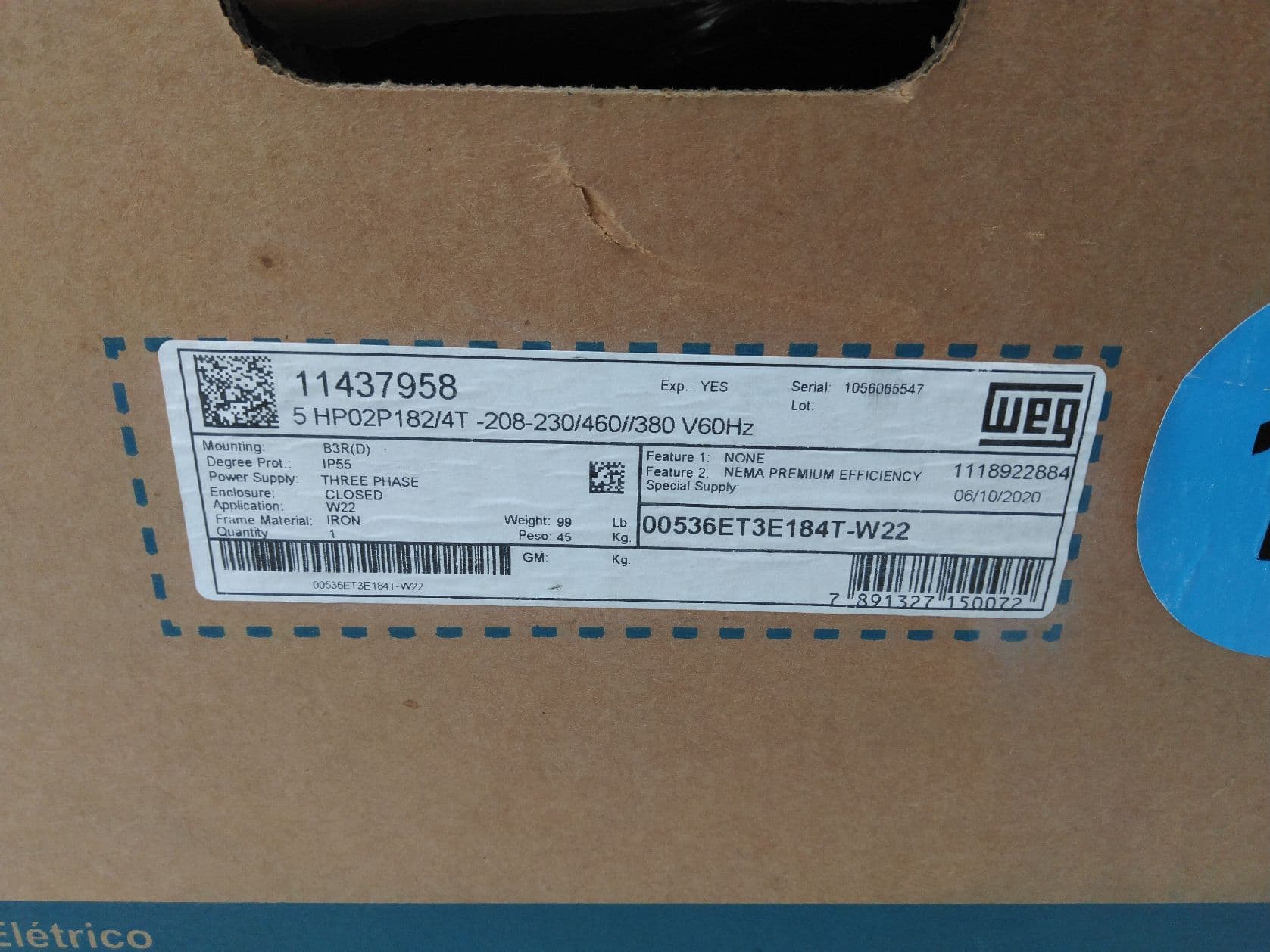 WEG 00536ET3E184T-W22 Motor 5Hp, 2P, 3Ph, 208/230/460/380V, TEFC, Foot-Mounted