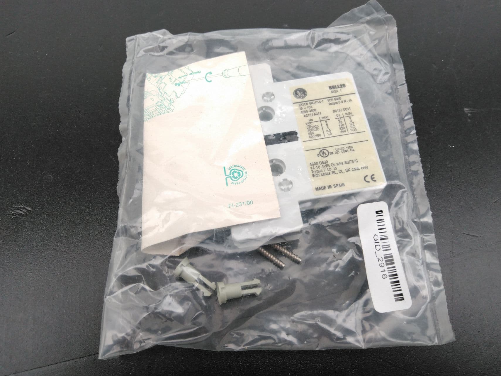 General Electric BRLL20 Auxiliary Contact Block 2 NO