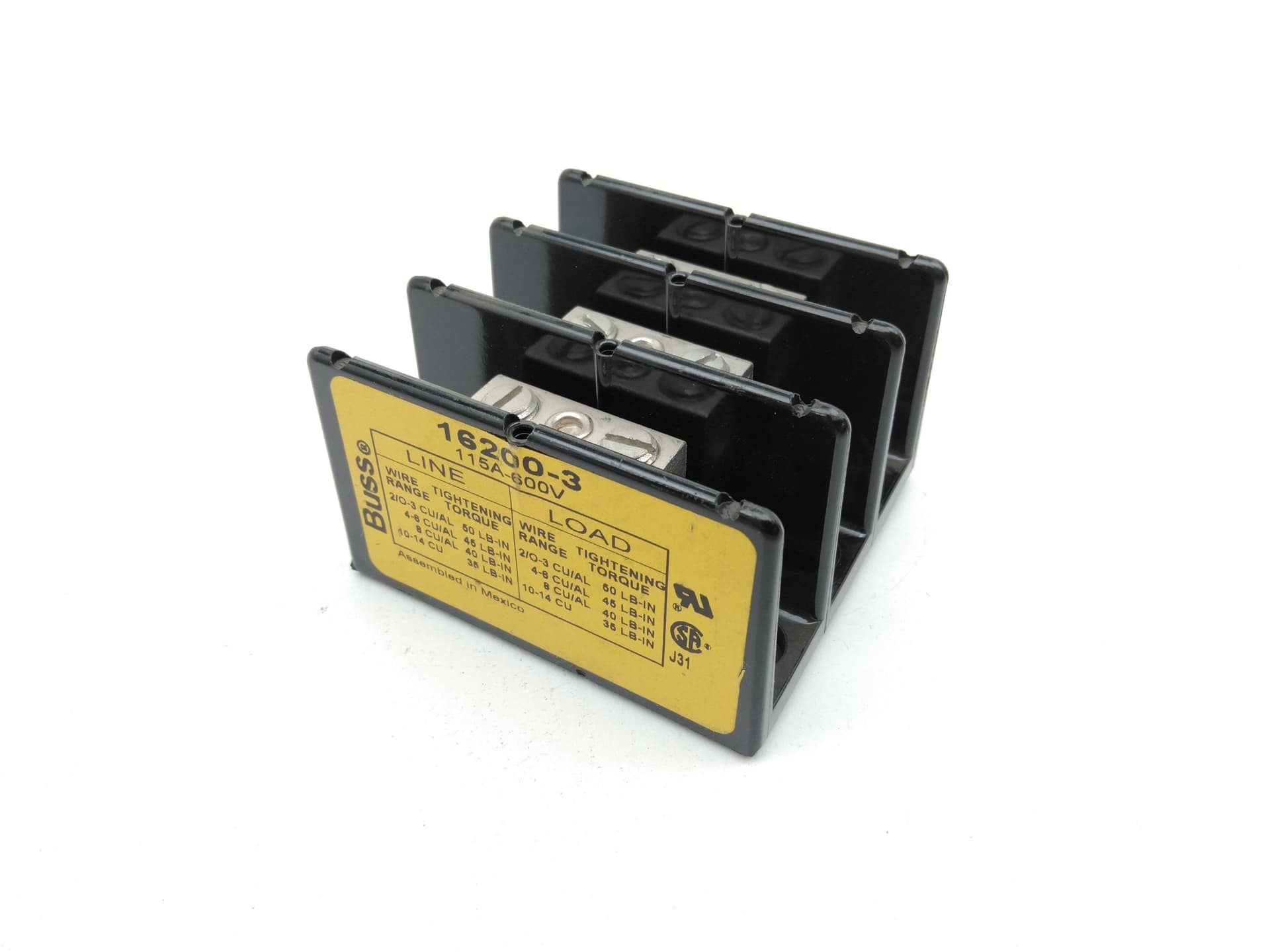 Bussmann 16200-3 Power Terminal Block, 115A, 600V, 3P