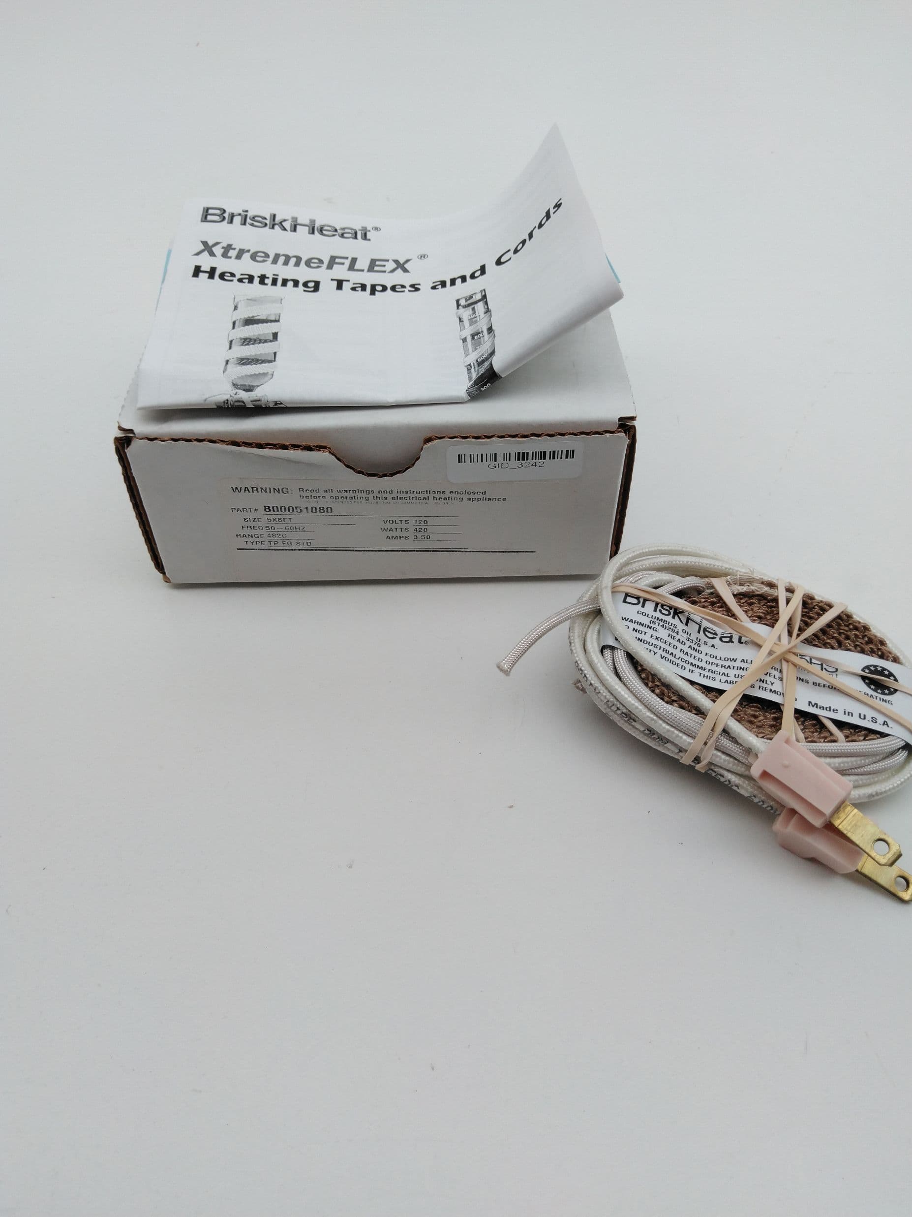 BriskHeat B00051080 XtremeFLEX Fiberglass Knitted / Braided Heating Tape .5x8FT