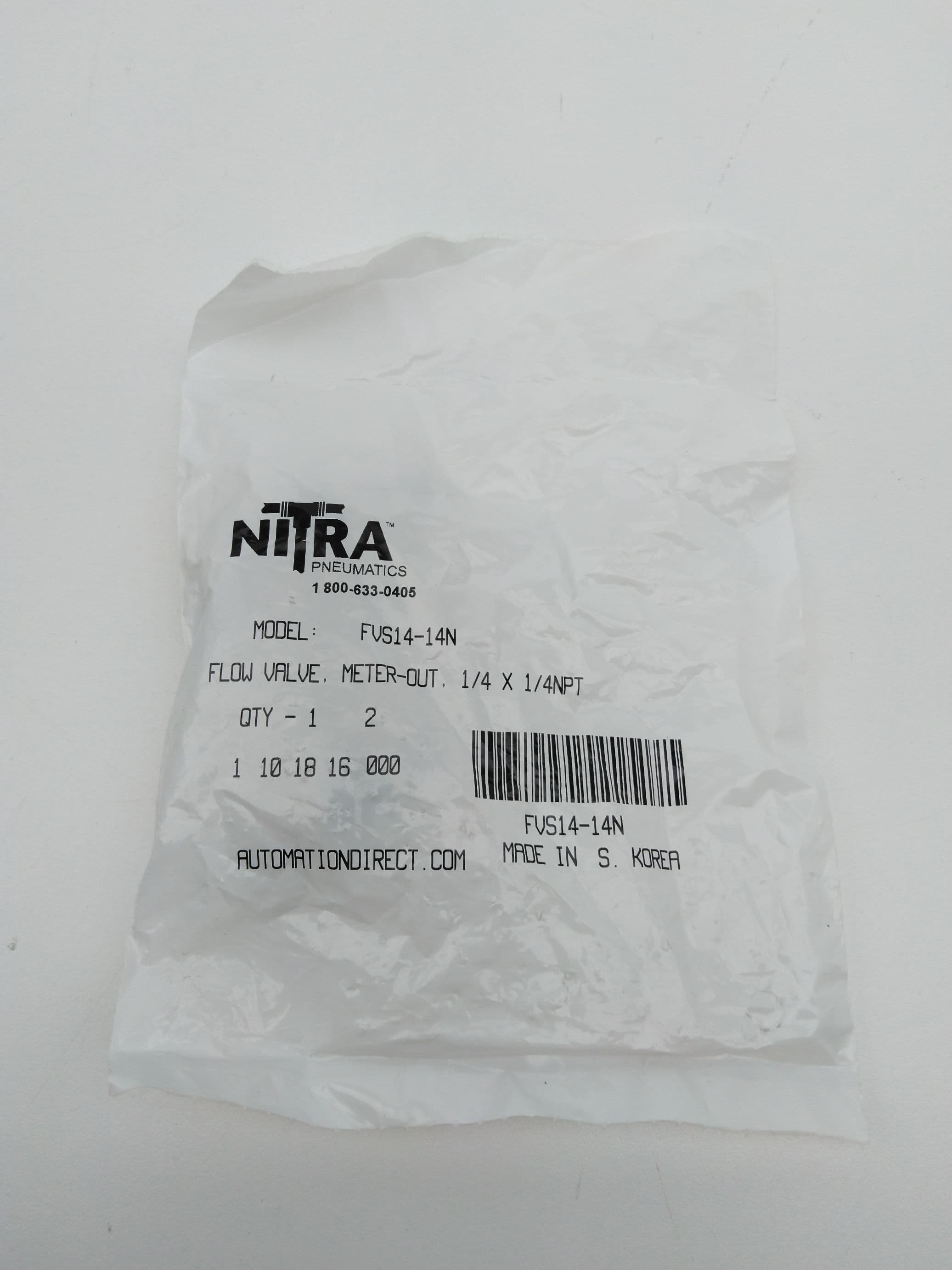 Nitra FVS14-14N Flow Control Valve, Elbow, Push-Conct, 1/4" x 1/4"NPT Lot of 2