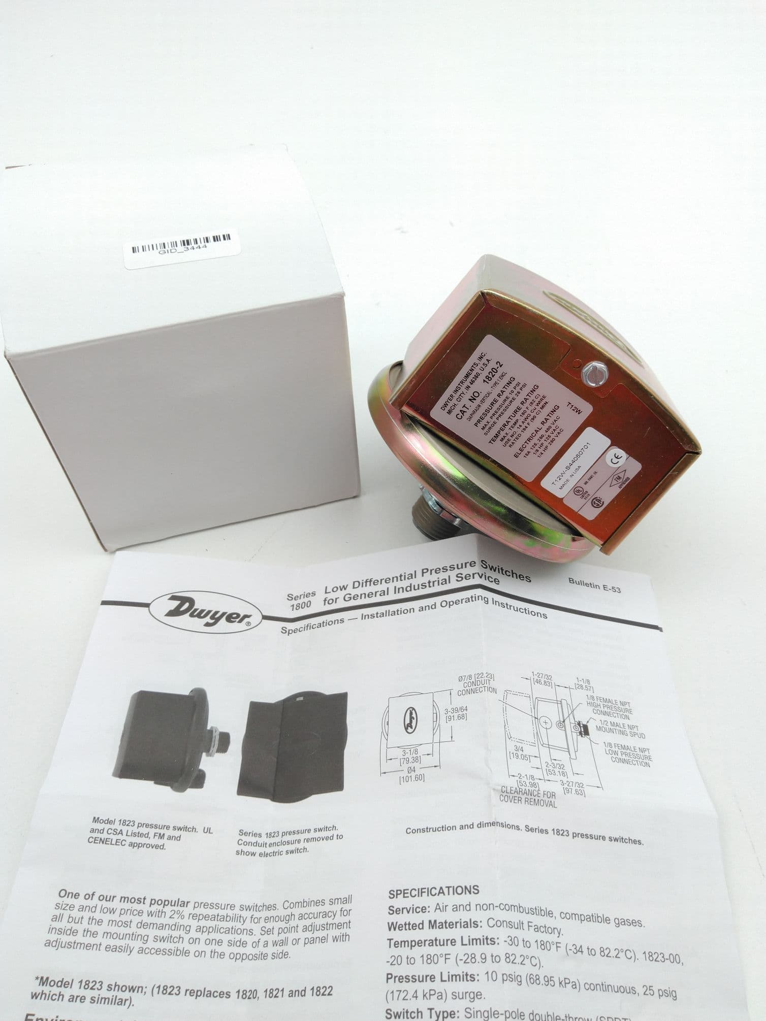Dwyer Instruments 1820-2(MIL),1823-2 Differential Pressure Switch, 0.5-2.0 W.C.