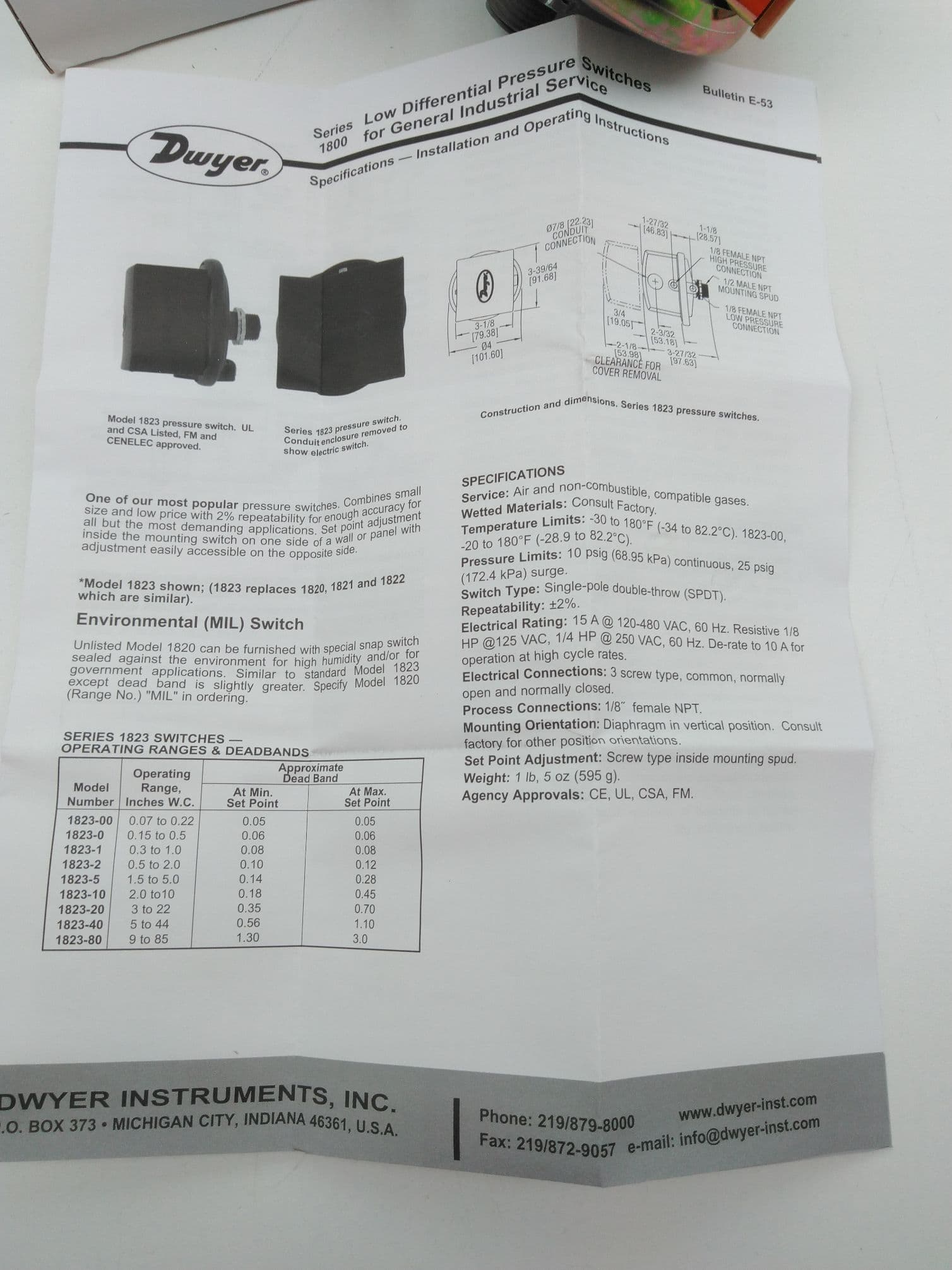 Dwyer Instruments 1820-2(MIL),1823-2 Differential Pressure Switch, 0.5-2.0 W.C.