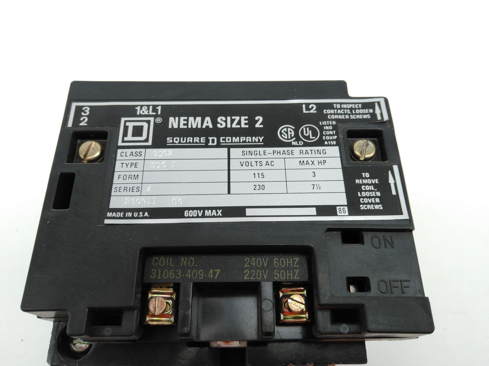 Square D 8502-SD01 SER A NEMA Size 2 Contactor
