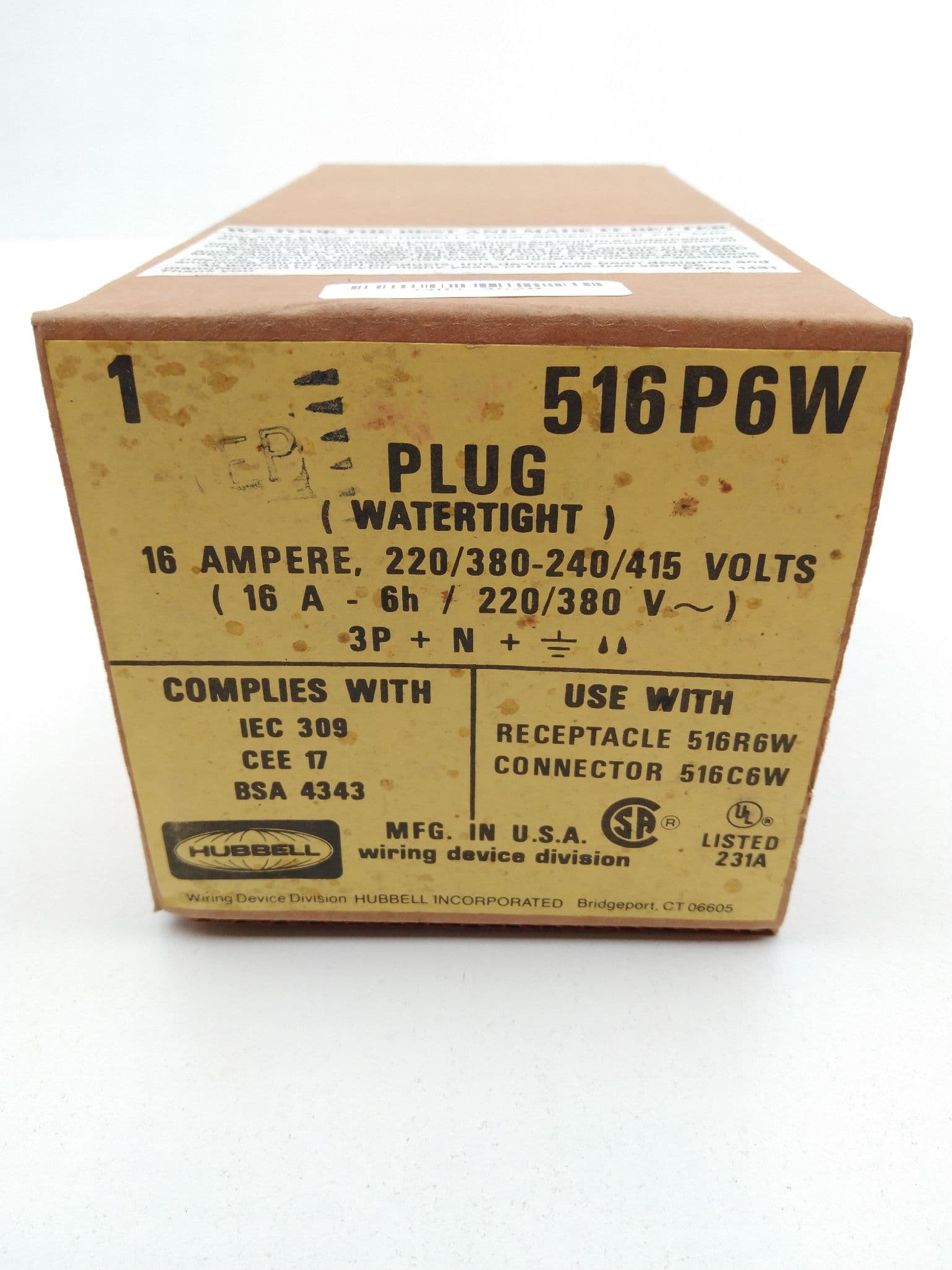 Hubbell 516P6W Pin and Sleeve Plug, Watertight,16A, 220/380-240/415V, 3P+N+G
