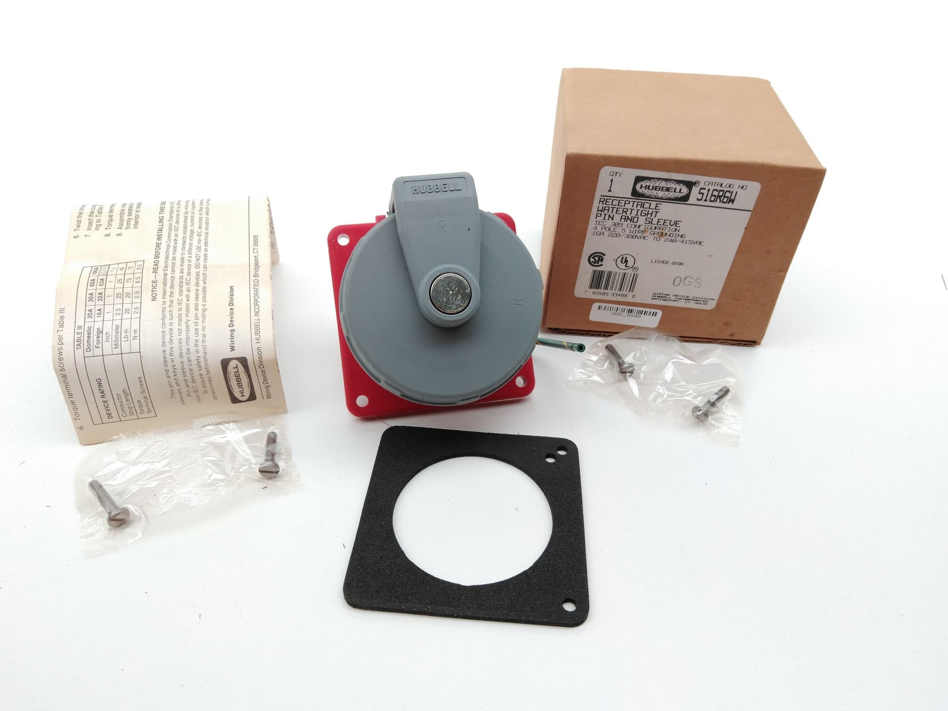 Hubbell 516R6W Pin & Sleeve Receptacle, 16A, 220/380-240/415V, 3P+N+G