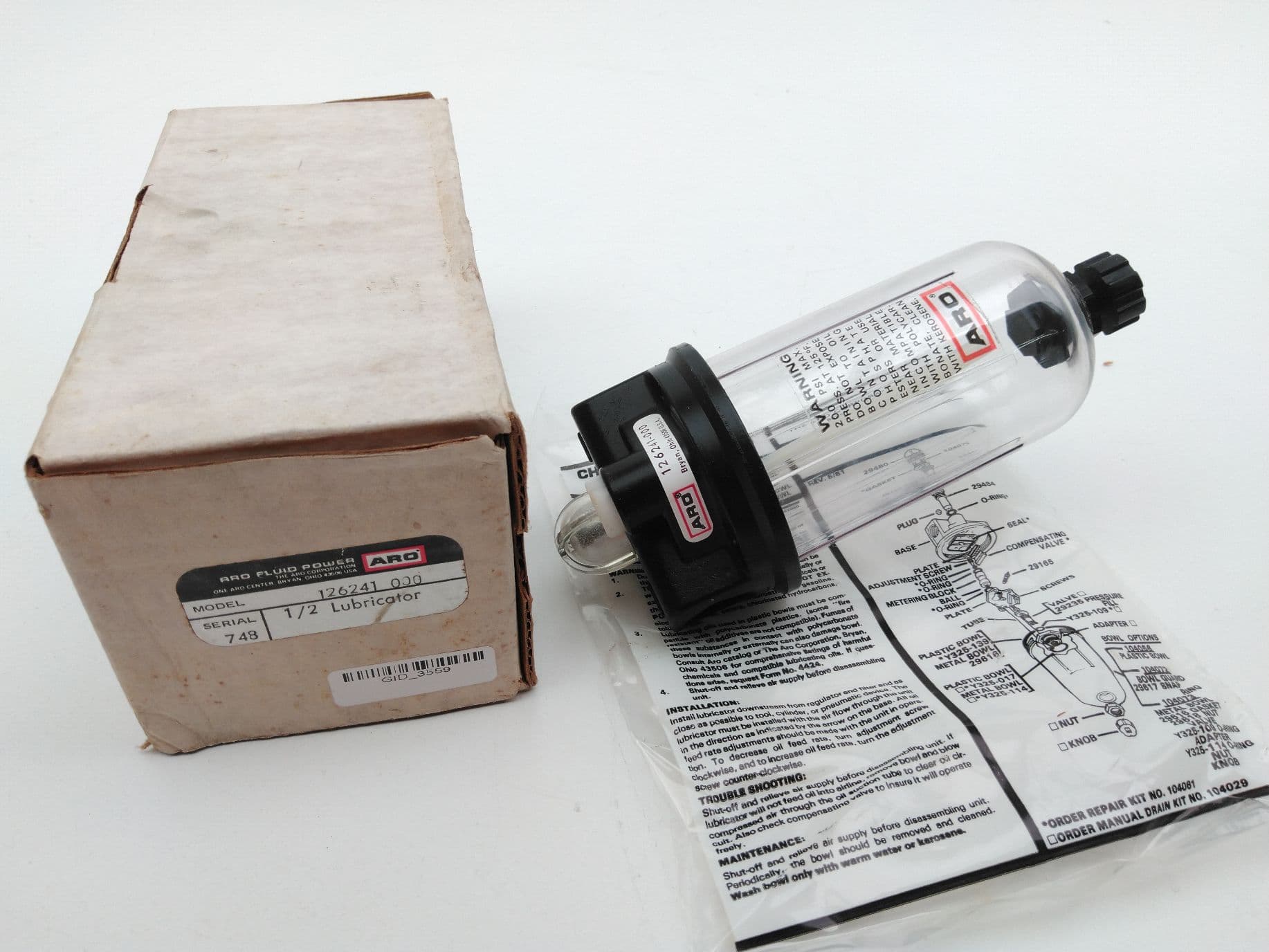 ARO 126241-000 Pneumatic Line Lubricator 250PSI MAX, 1/2"NPT PORT