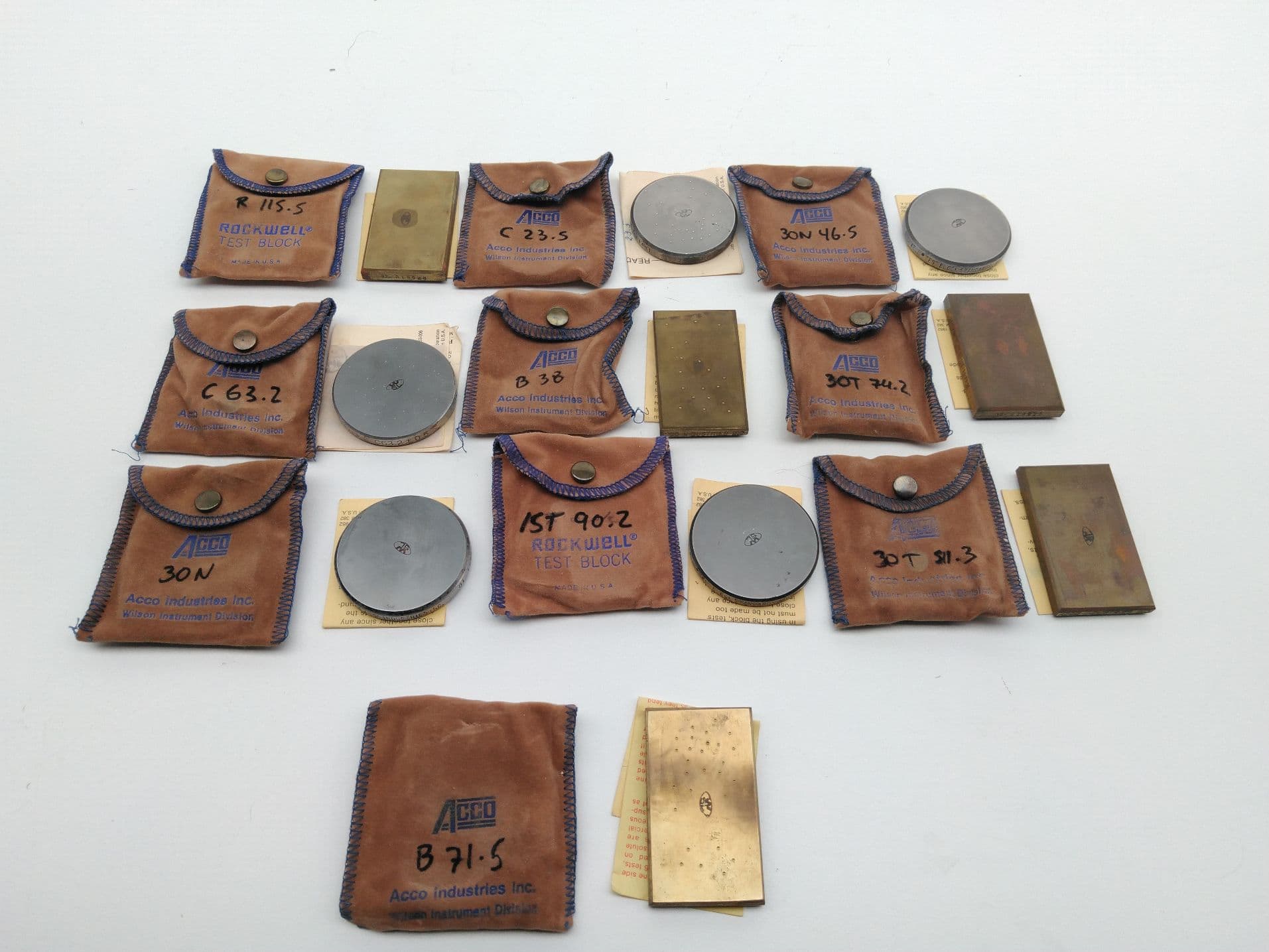 Wilson Instruments B,C,30T,30N,15T,R Rockwell Test blocks w/ Certs. 10pcs.