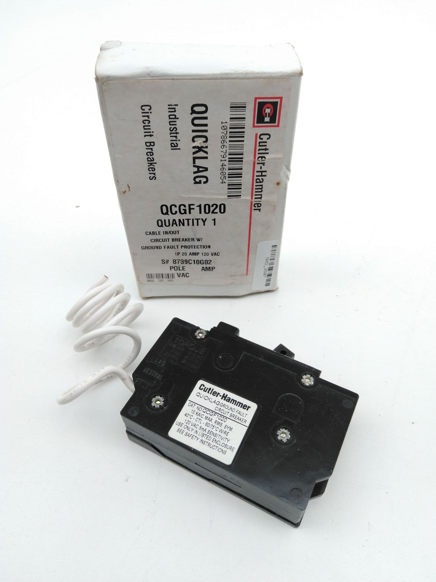 Eaton / Cutler-Hammer QCGF1020 QuickLag Ground Fault Circuit Breaker, 20A