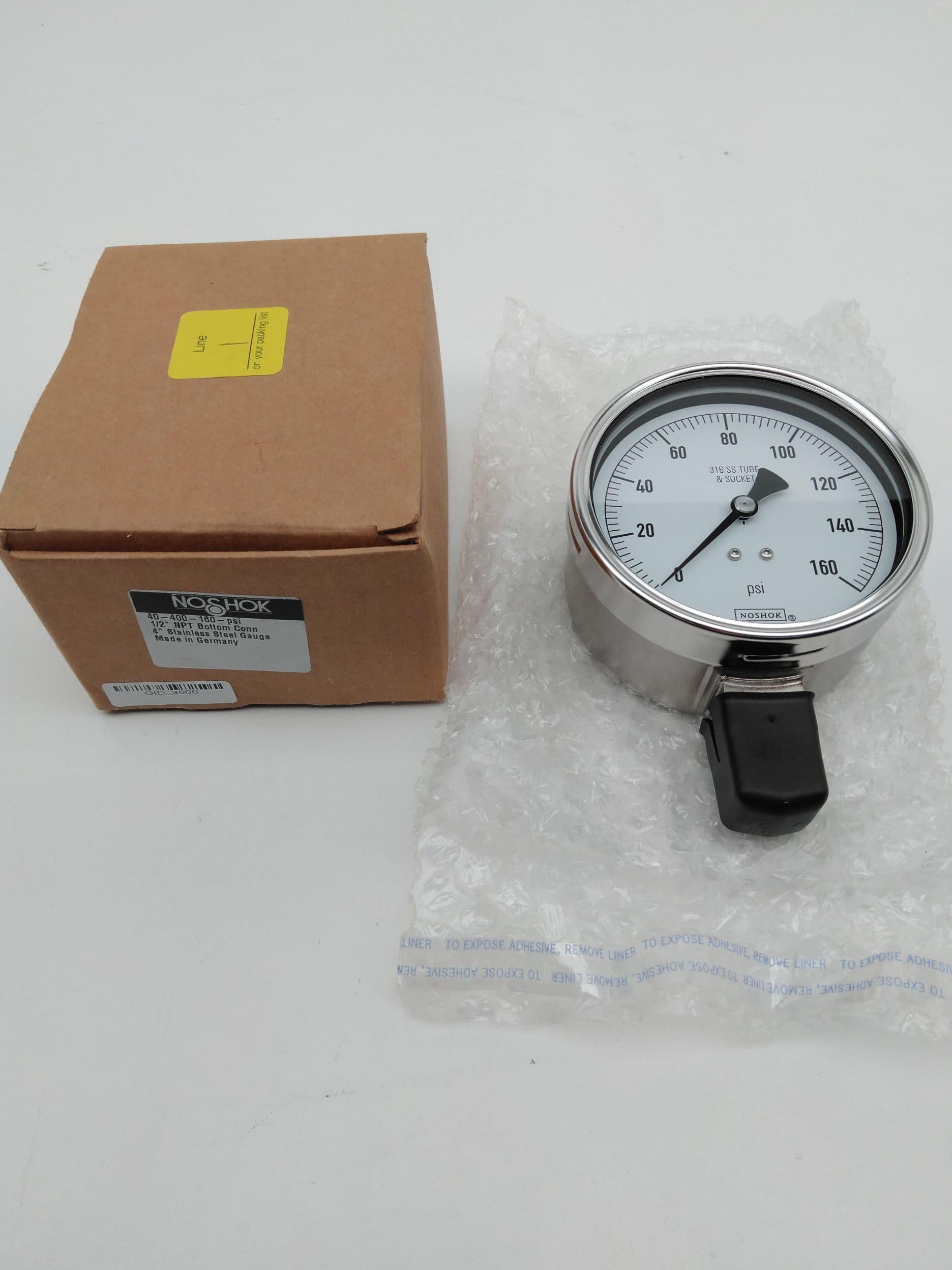 Noshok 40-400-160-PSI 4" Pressure Gauge, 0-160PSI, SS, 1/2" NPT, Bottom Conn