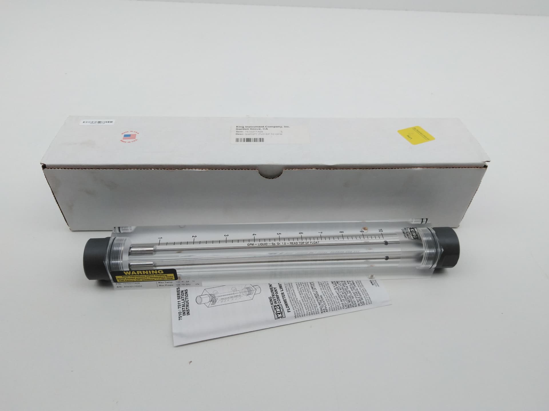 King Instrument 7510217A08 Acrylic Tube Flowmeter, 3/4"FNPT, PVC, EP, 10GPM