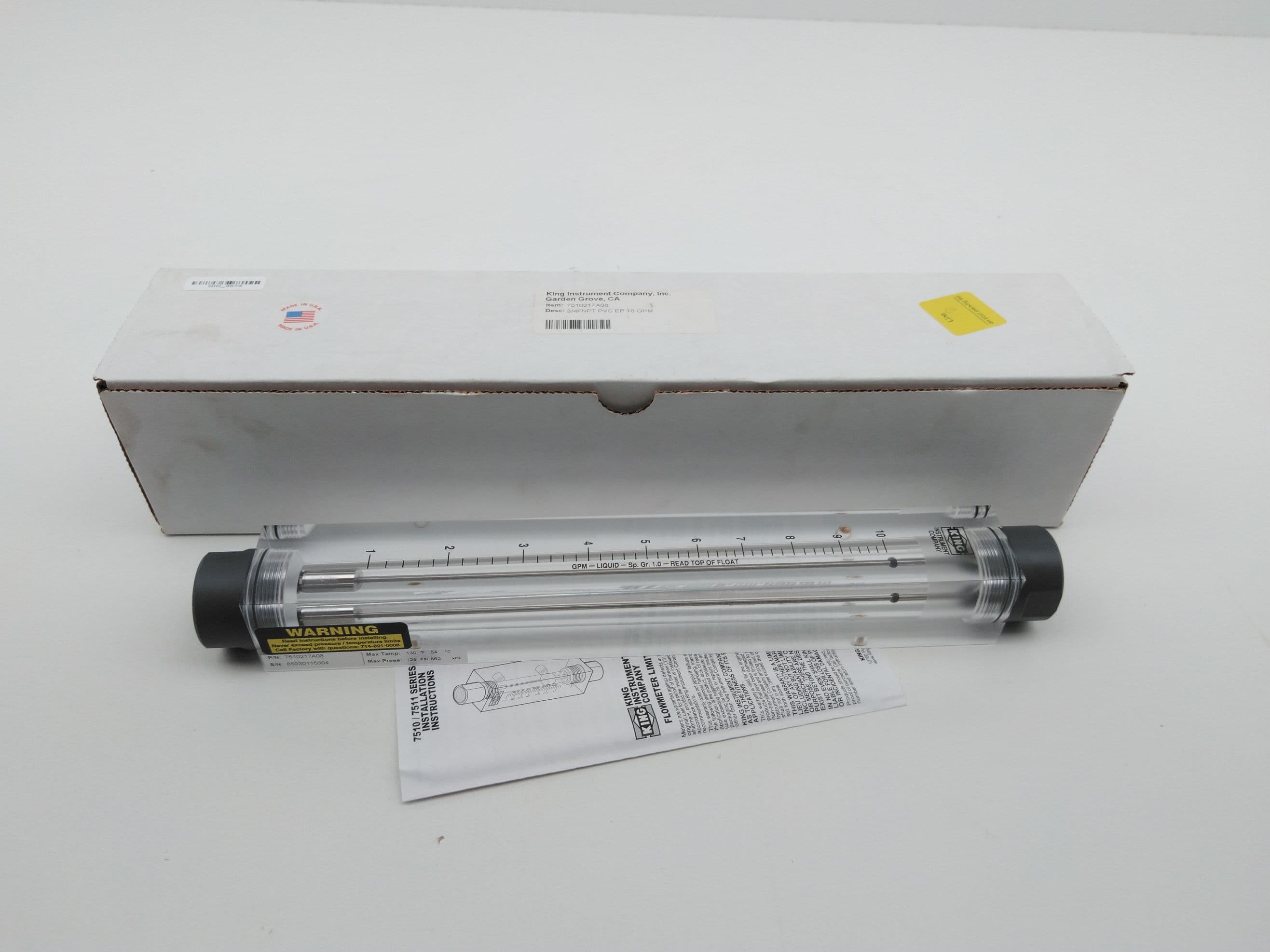 King Instrument 7510217A08 Acrylic Tube Flowmeter, 3/4"FNPT, PVC, EP, 10GPM