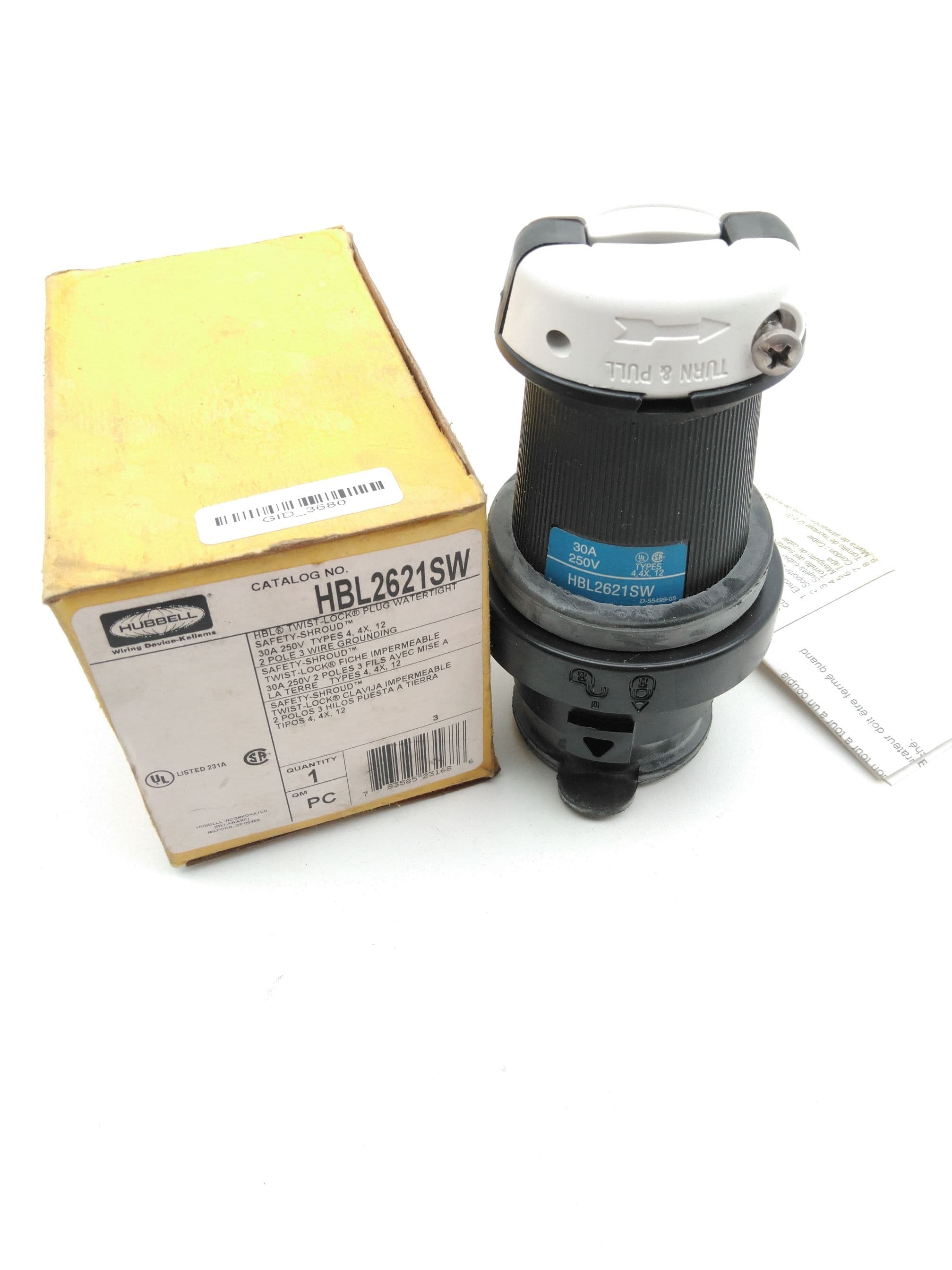 Hubbell HBL2621SW Twist-Lock Male Plug Watertight Safety Shroud 30A, 250V, 2P+G