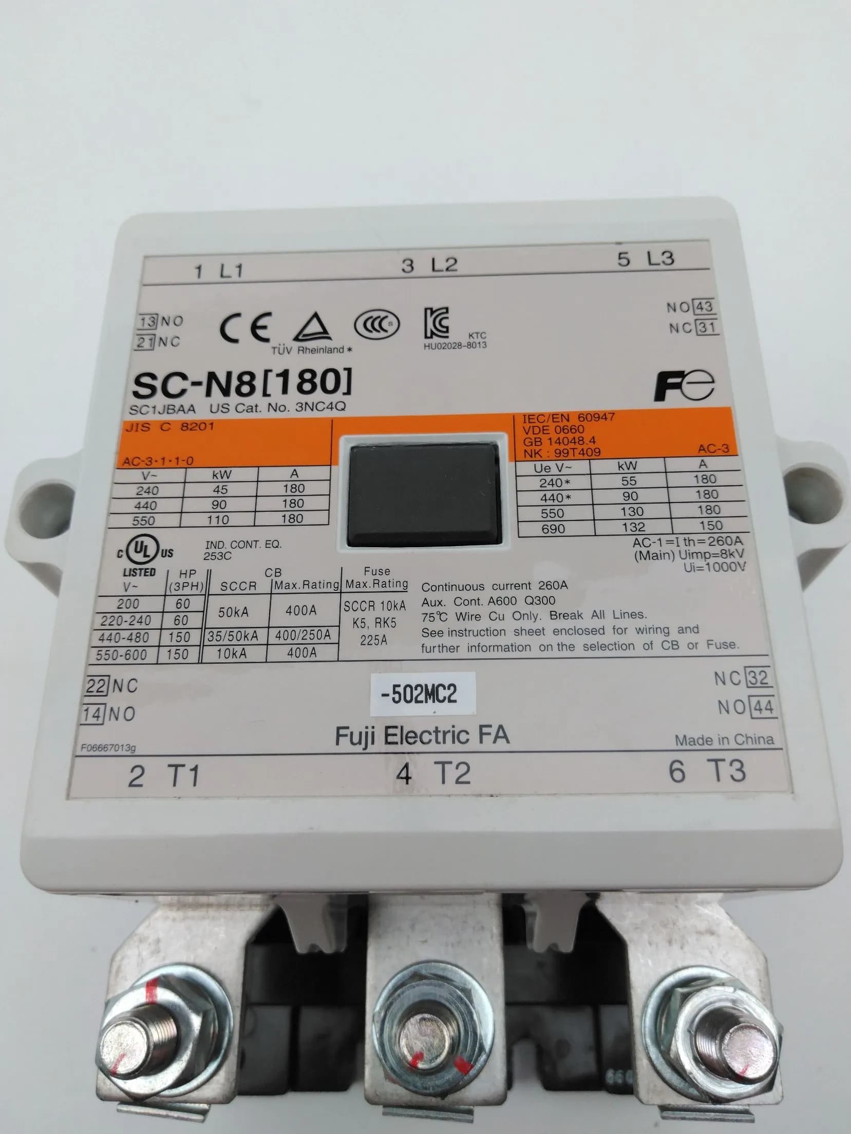 Fuji Electric SC-N8(180), SC1JBAA, 3NC4Q Contactor, 3P, 180A, 690V, 120V Coil