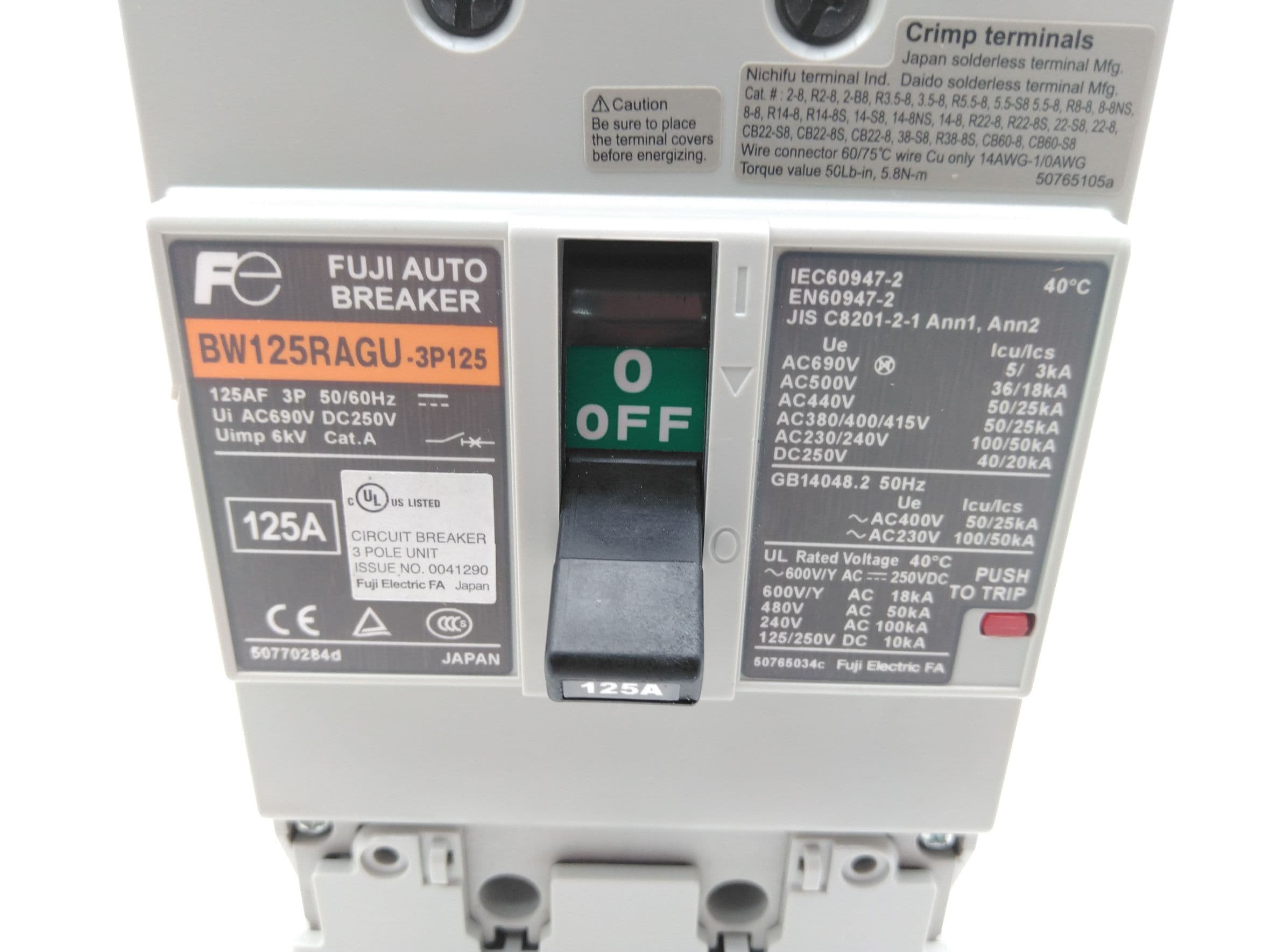 Fuji Electric BW125RAGU-3P125 Thermal Magnetic Circuit Breaker, 3P, 125A