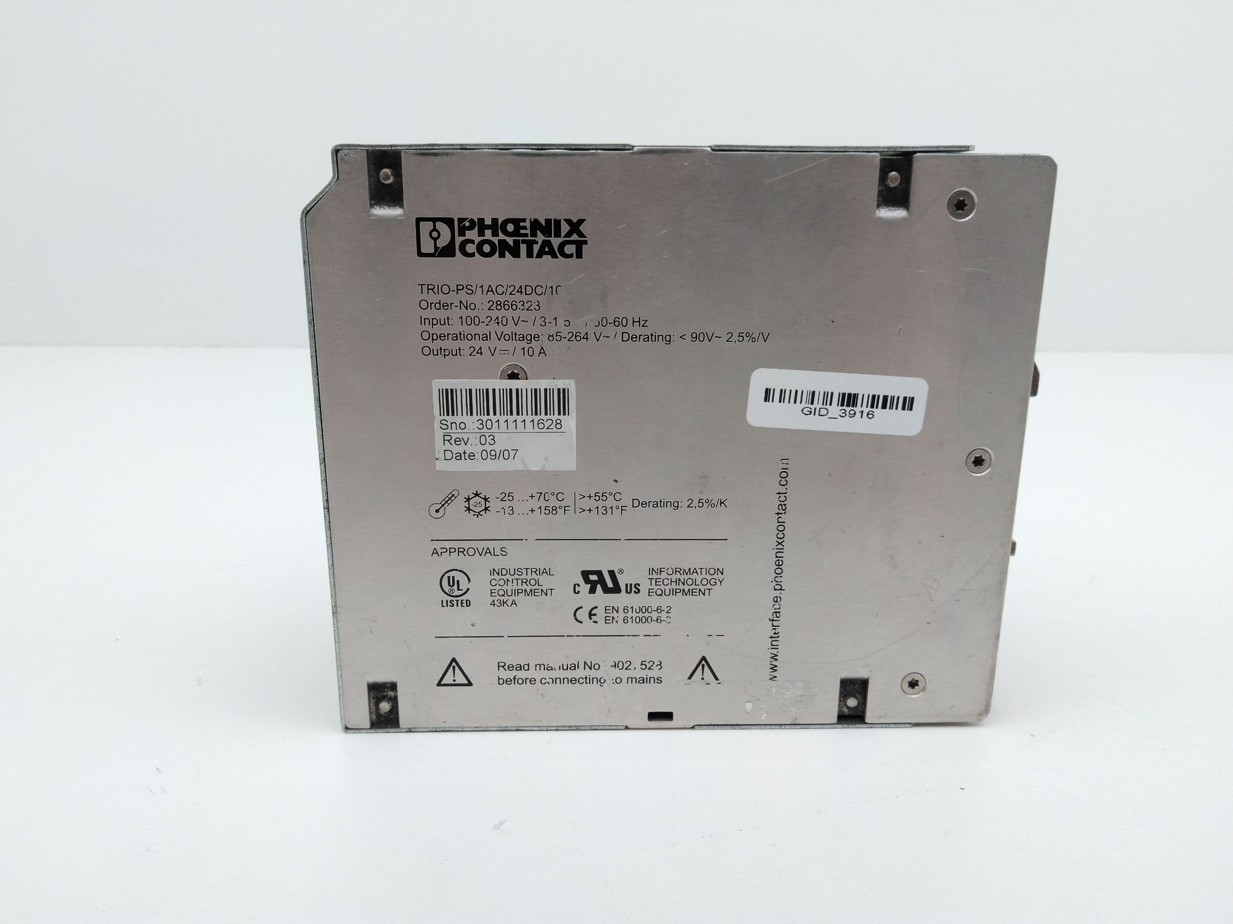 Phoenix Contact TRIO-PS/1AC/24DC/10,2866323 DIN Power Supply, 24VDC, 10A