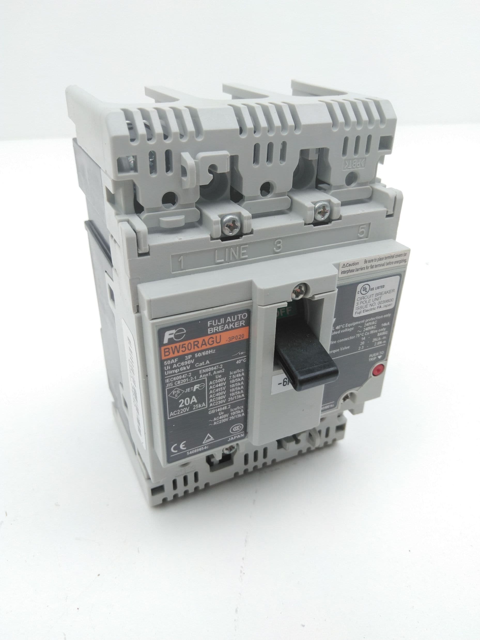 Fuji Electric BW50RAGU-3P020 Circuit Breaker, 20A, 3P, 690VAC / 250VDC