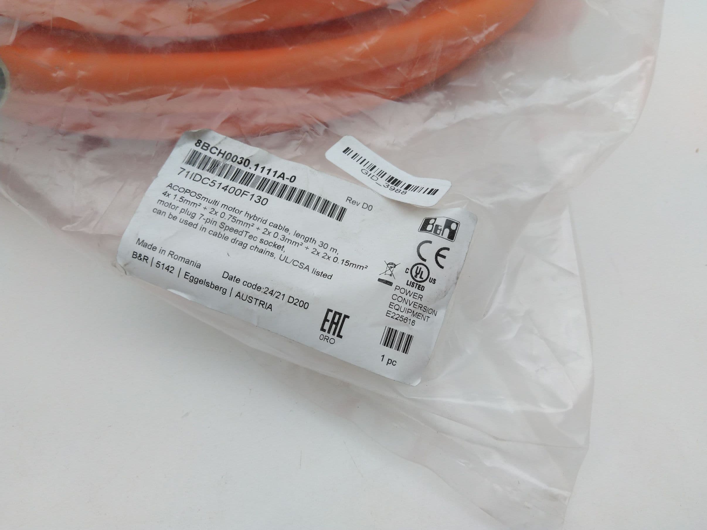 B&R Automation 8BCH0030.1111A-0 Hybrid Motor Cable, 30M