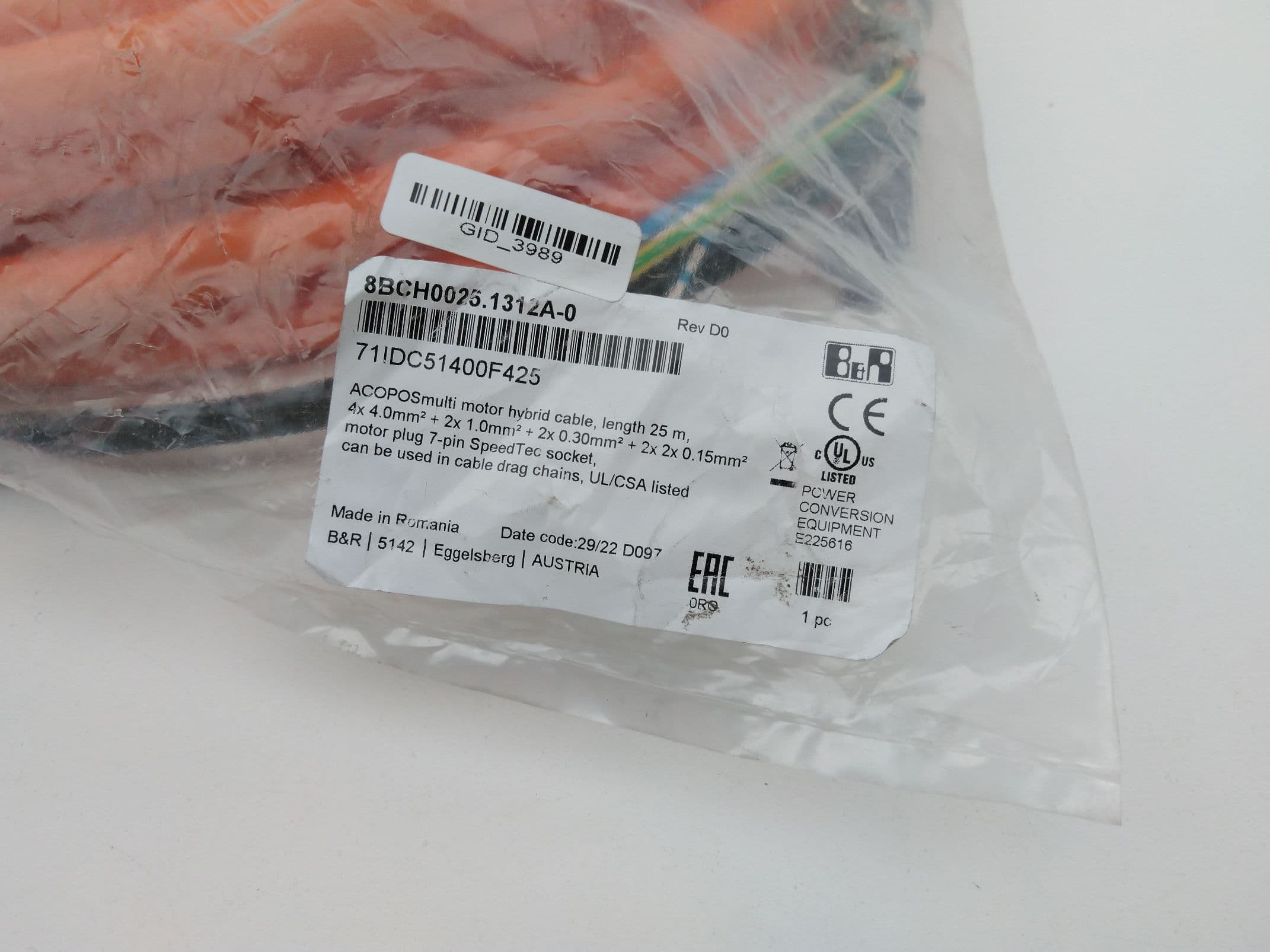 B&R Automation 8BCH0025.1312A-0 Hybrid Motor Cable, 25M