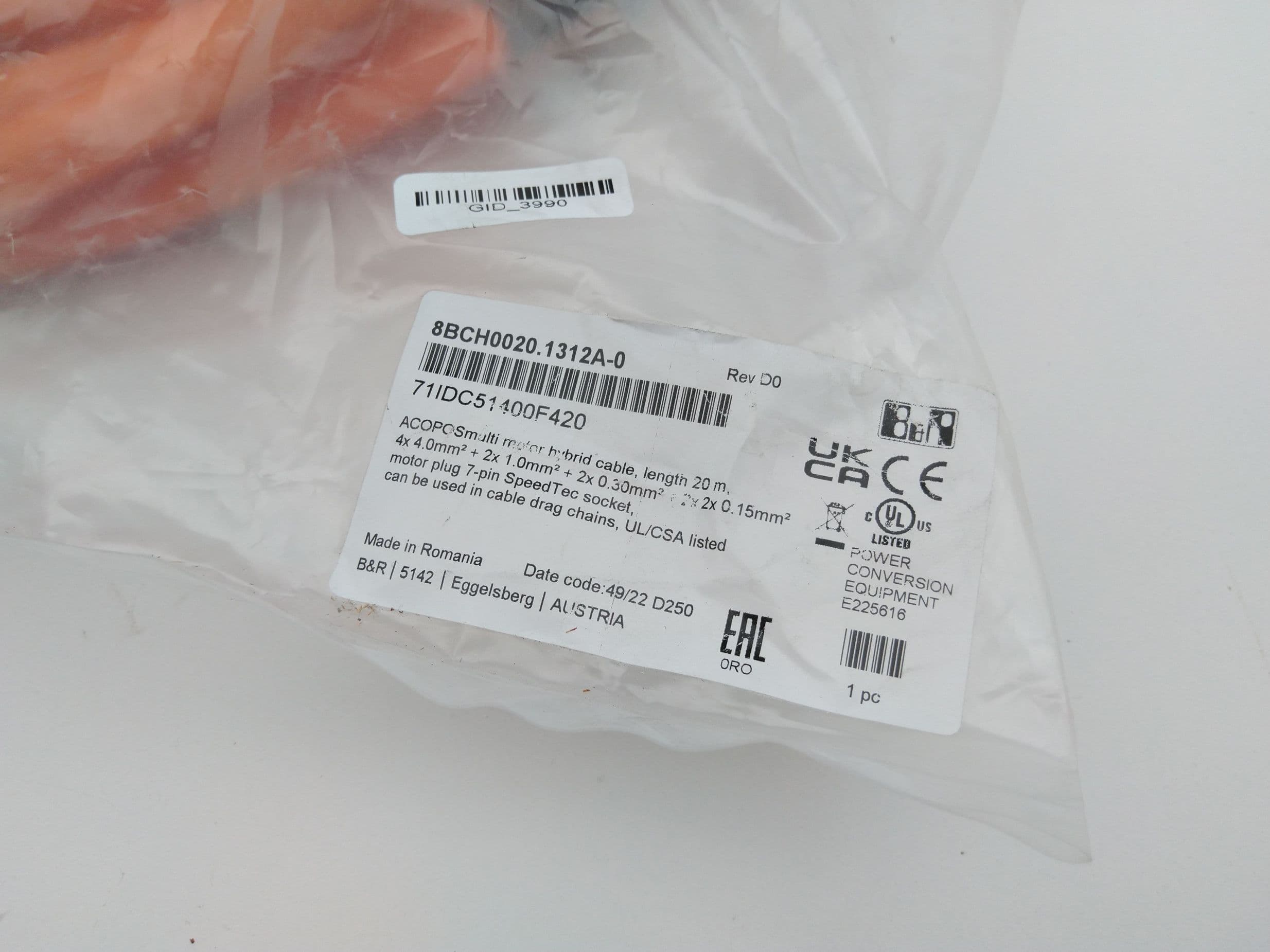 B&R Automation 8BCH0020.1312A-0 Hybrid Motor Cable, 20M