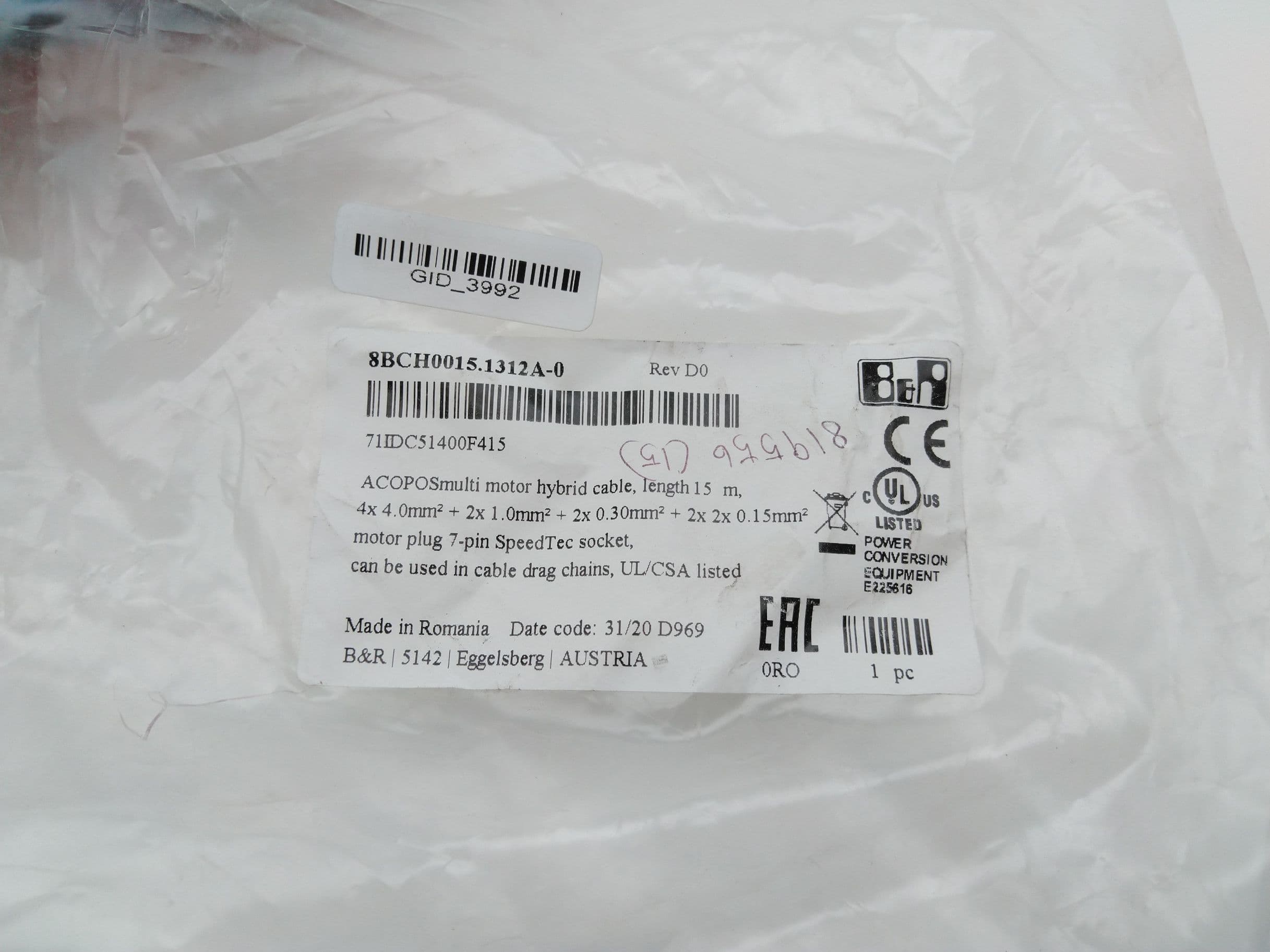 B&R Automation 8BCH0015.1312A-0 Hybrid Motor Cable, 15M