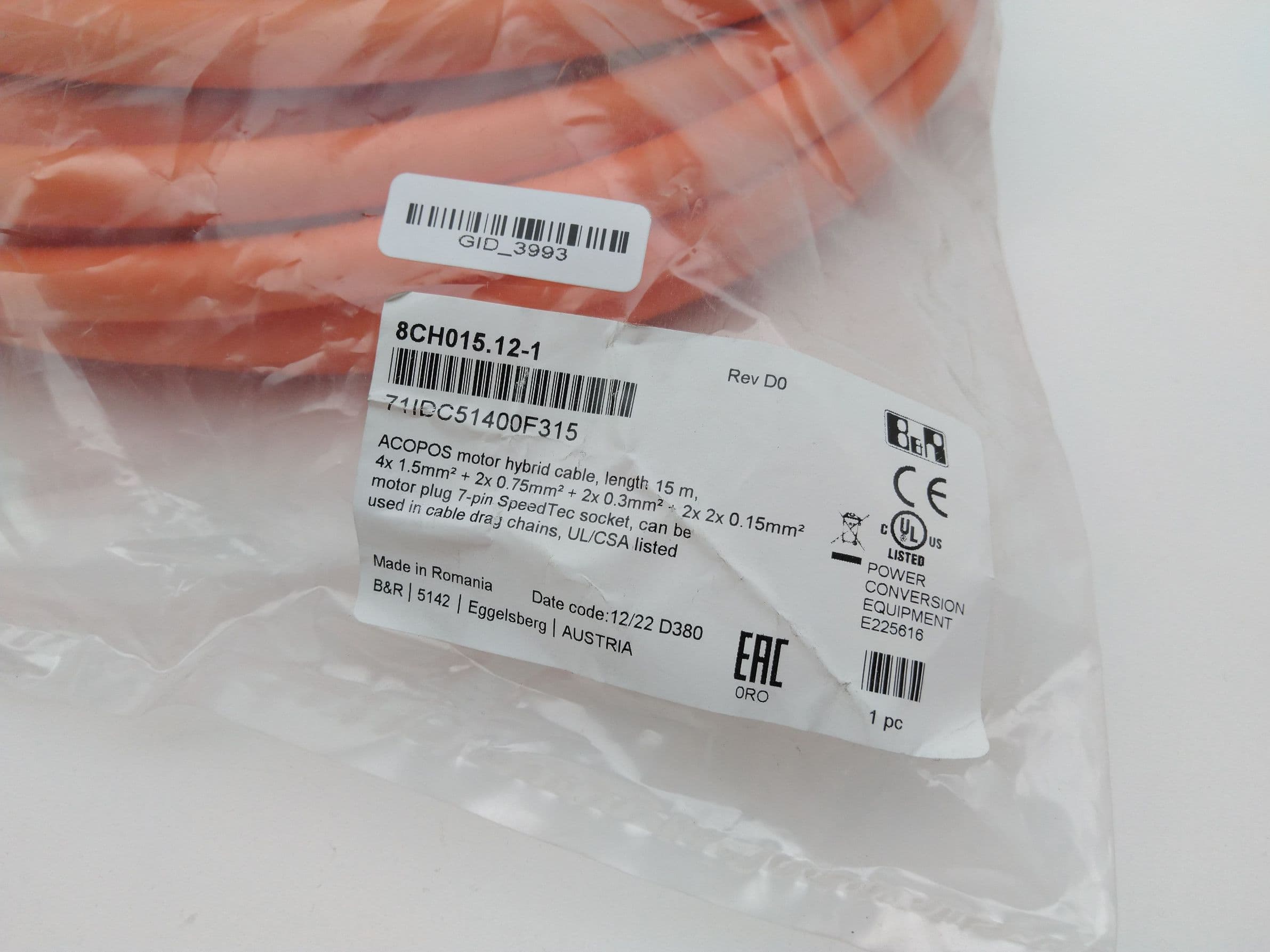 B&R Automation 8BCH015.12-1 Hybrid Motor Cable,15M