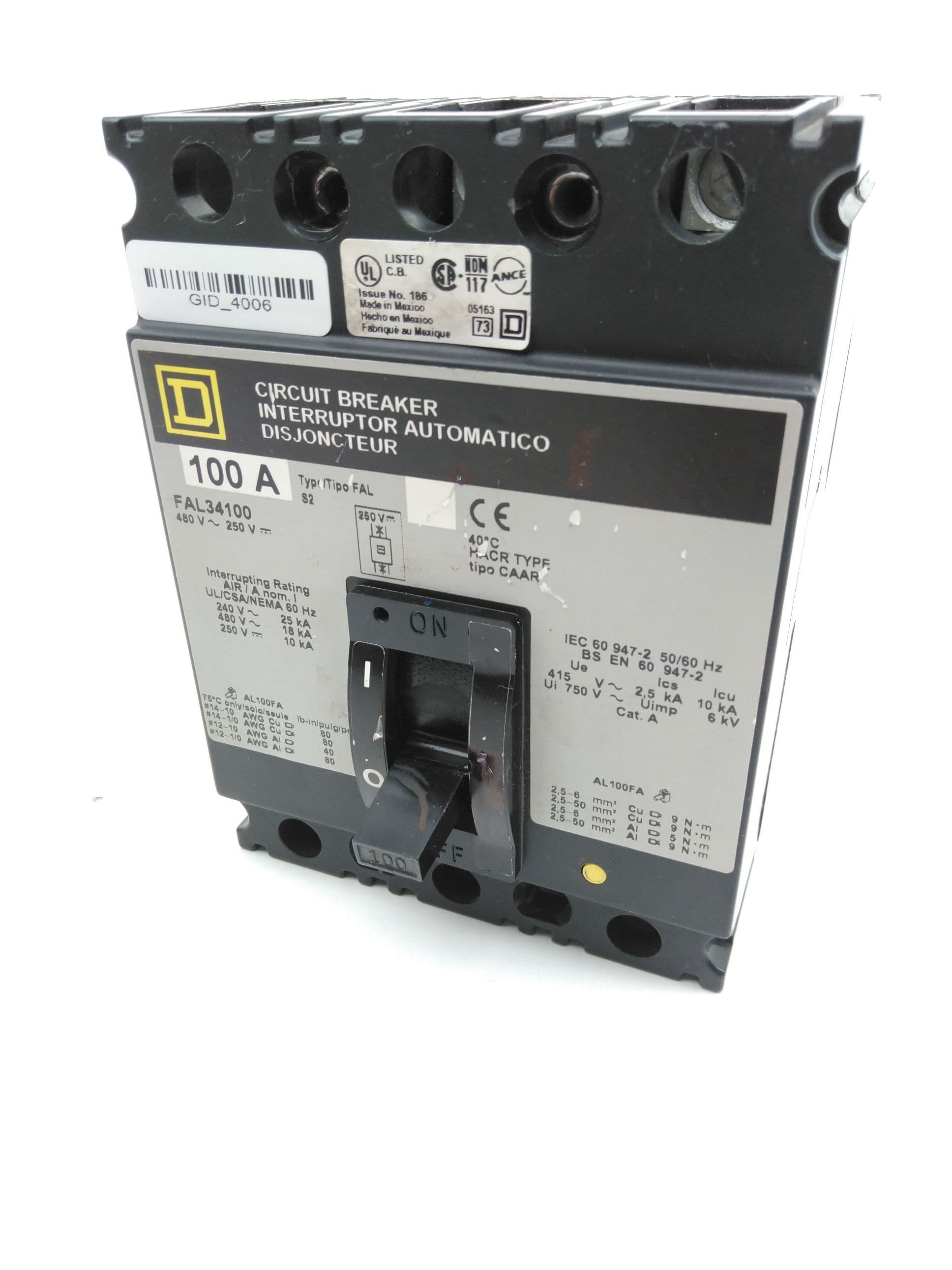 Square D FAL34100 Circuit Breaker, 100A, 240-480VAC, 250VDC