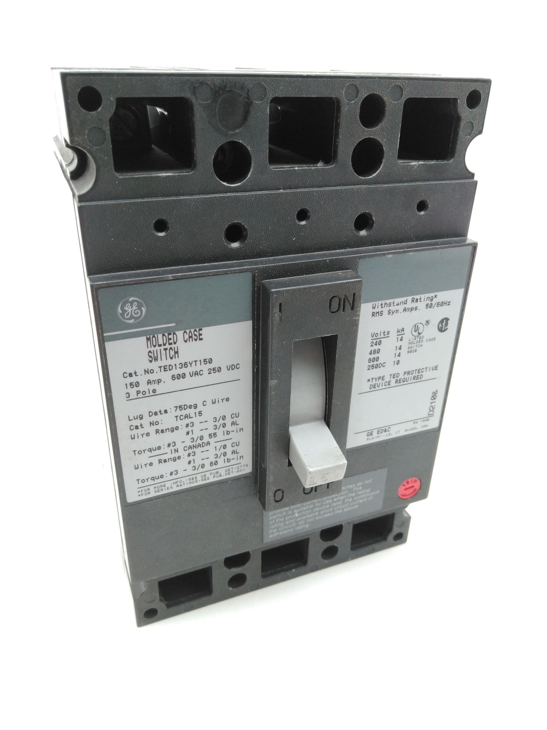 GE TED136YT150 Molded Case Switch, 150A, 600VAC, 250VDC