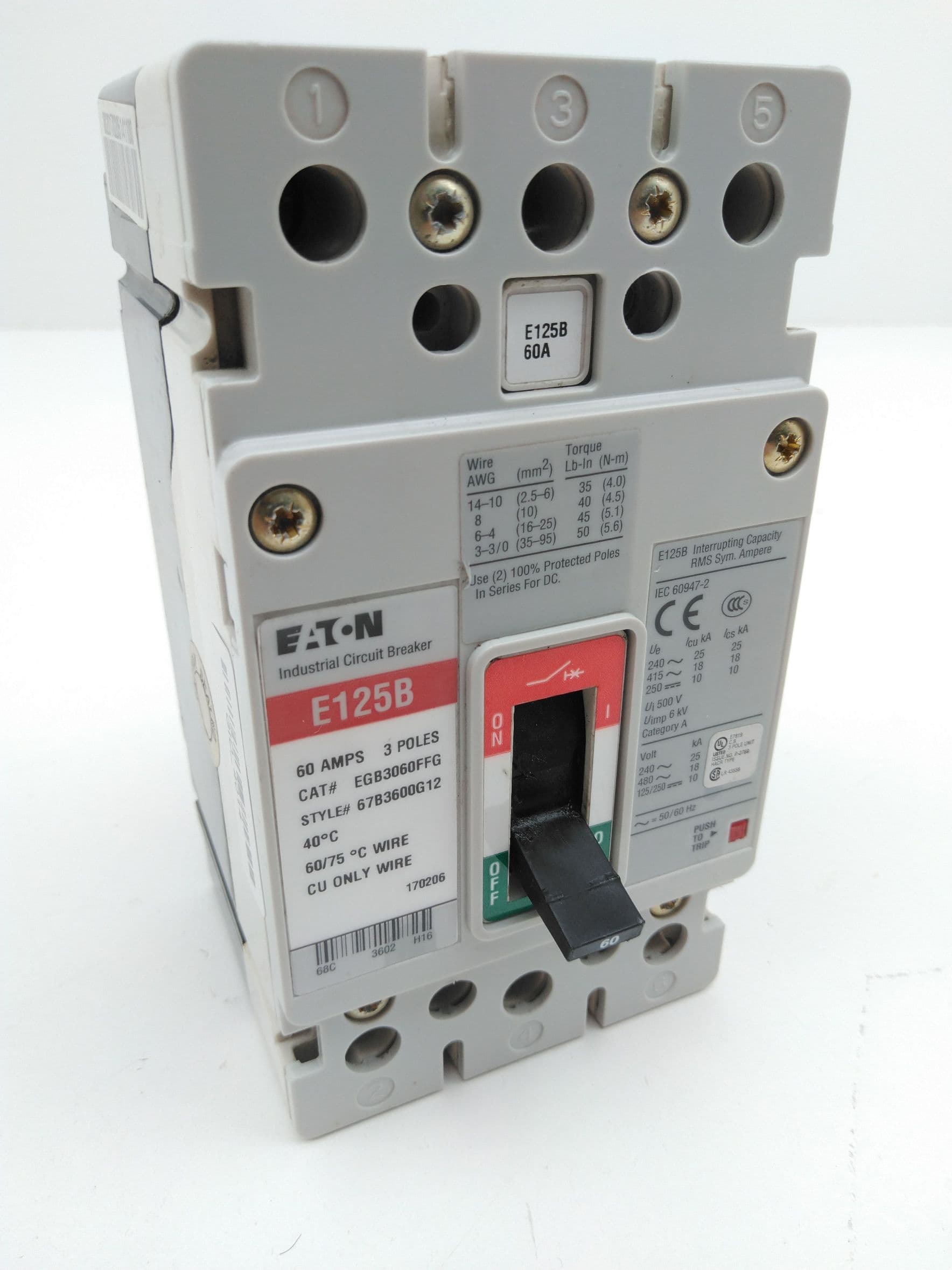Eaton EGB3060FFG Circuit Breaker, 60A, 240-480VAC, 125/250VDC