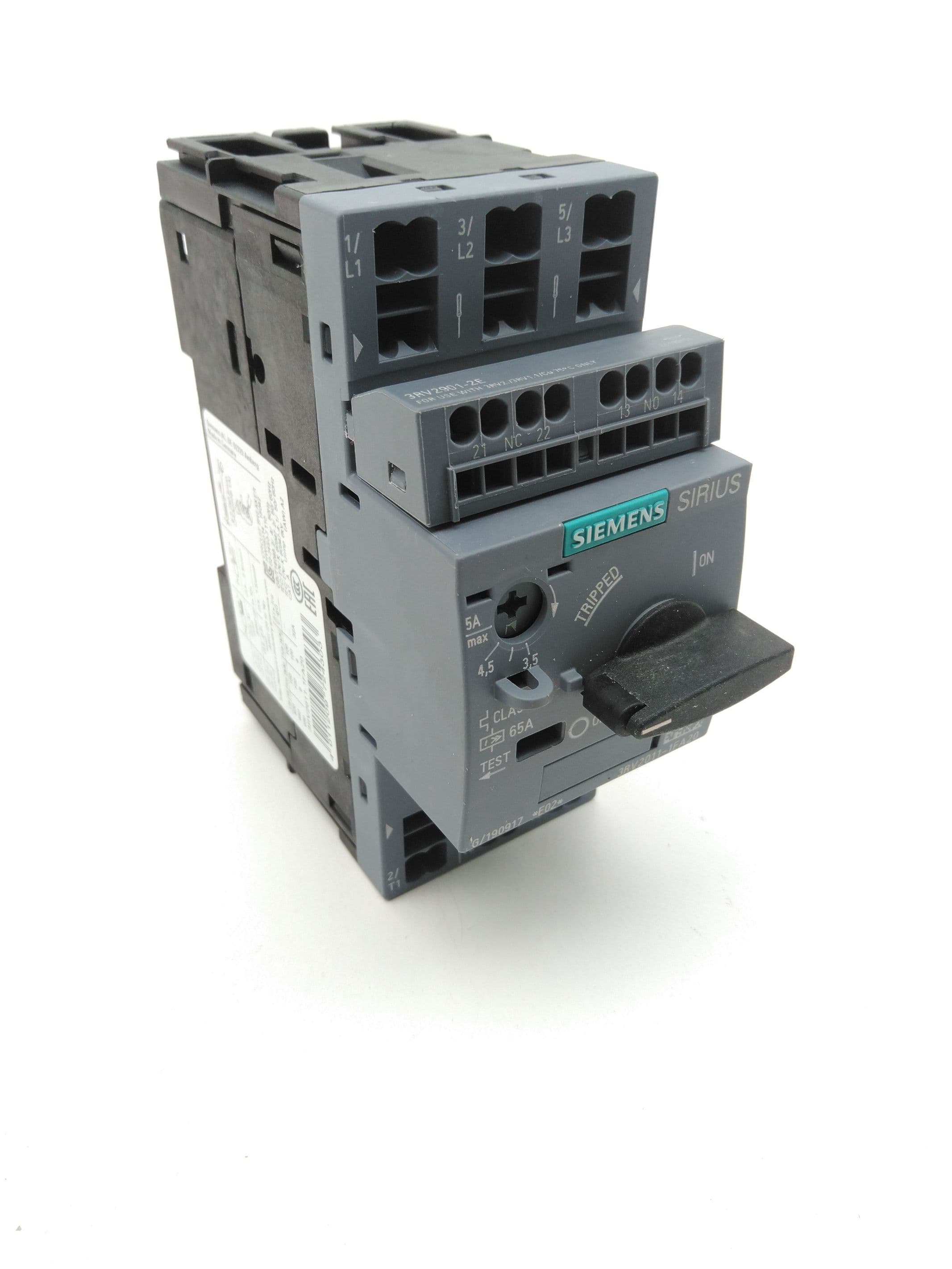 Siemens 3RV2011-1FA20 Motor Protection Circuit Breaker 65A with 3RV2901-2E Aux