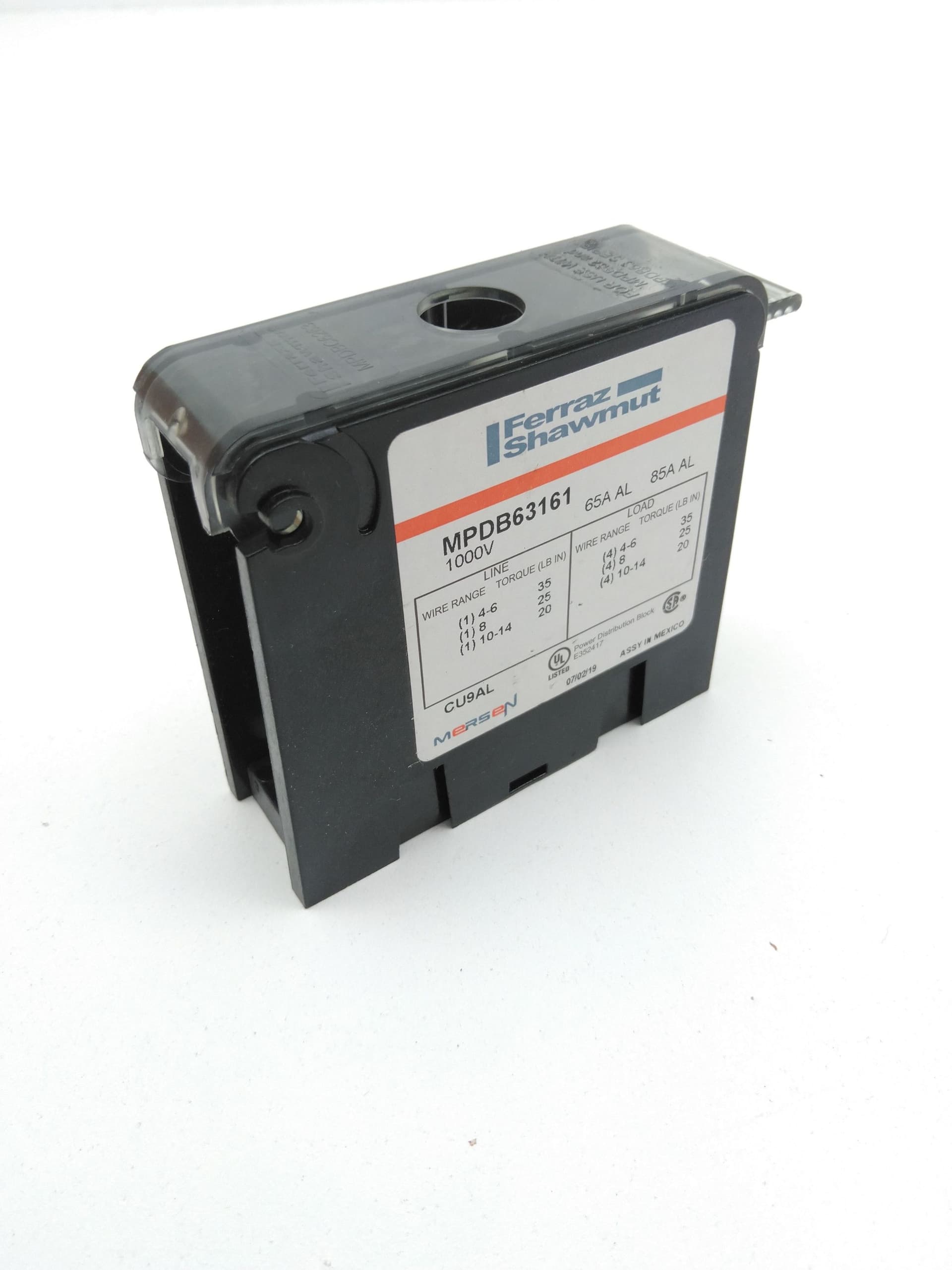 Mersen Ferraz Shawmut MPDB63161 Power Distribution Block Aluminum 1P 1000V 85A