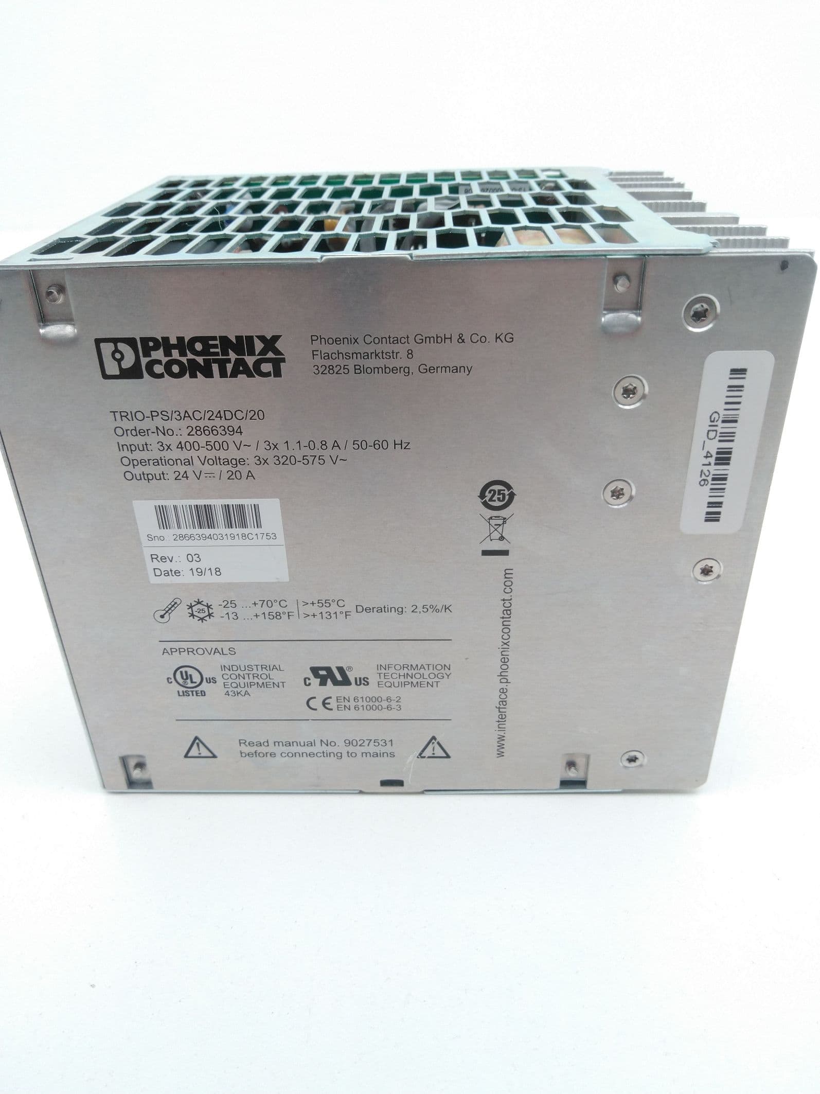 Phoenix Contact TRIO-PS/3AC/24DC/20 DIN Rail Power Supply, 24VDC, 20A