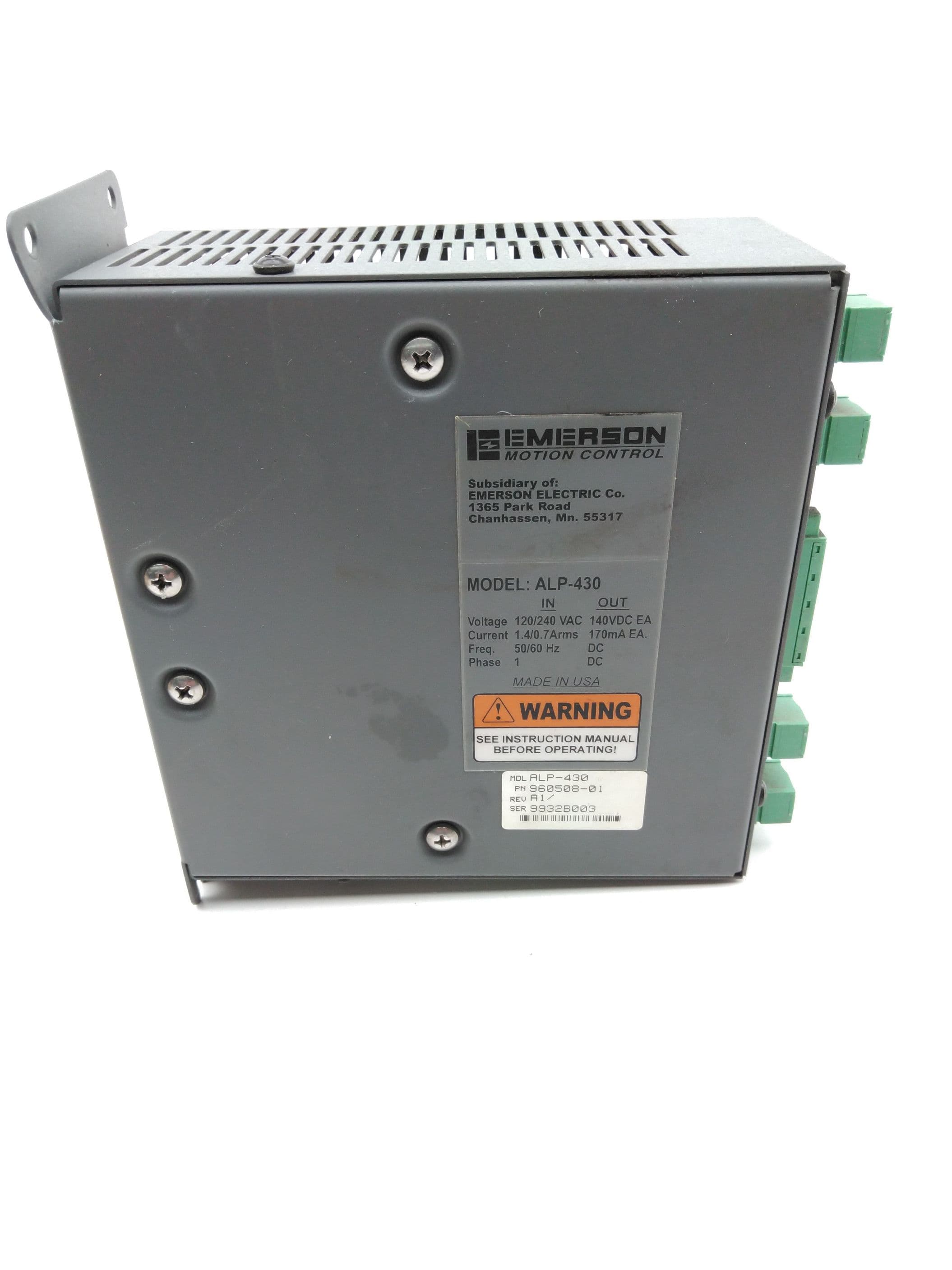Emerson Motion Control ALP-430 Power Supply 140VDC, 170mA, Rev A1, PN 960508-02