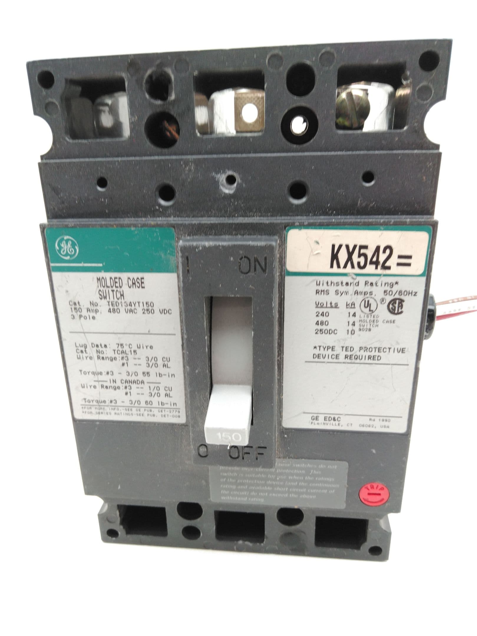 General Electric TED134YT150 Circuit Breaker 3P, 480VAC, 150Amp