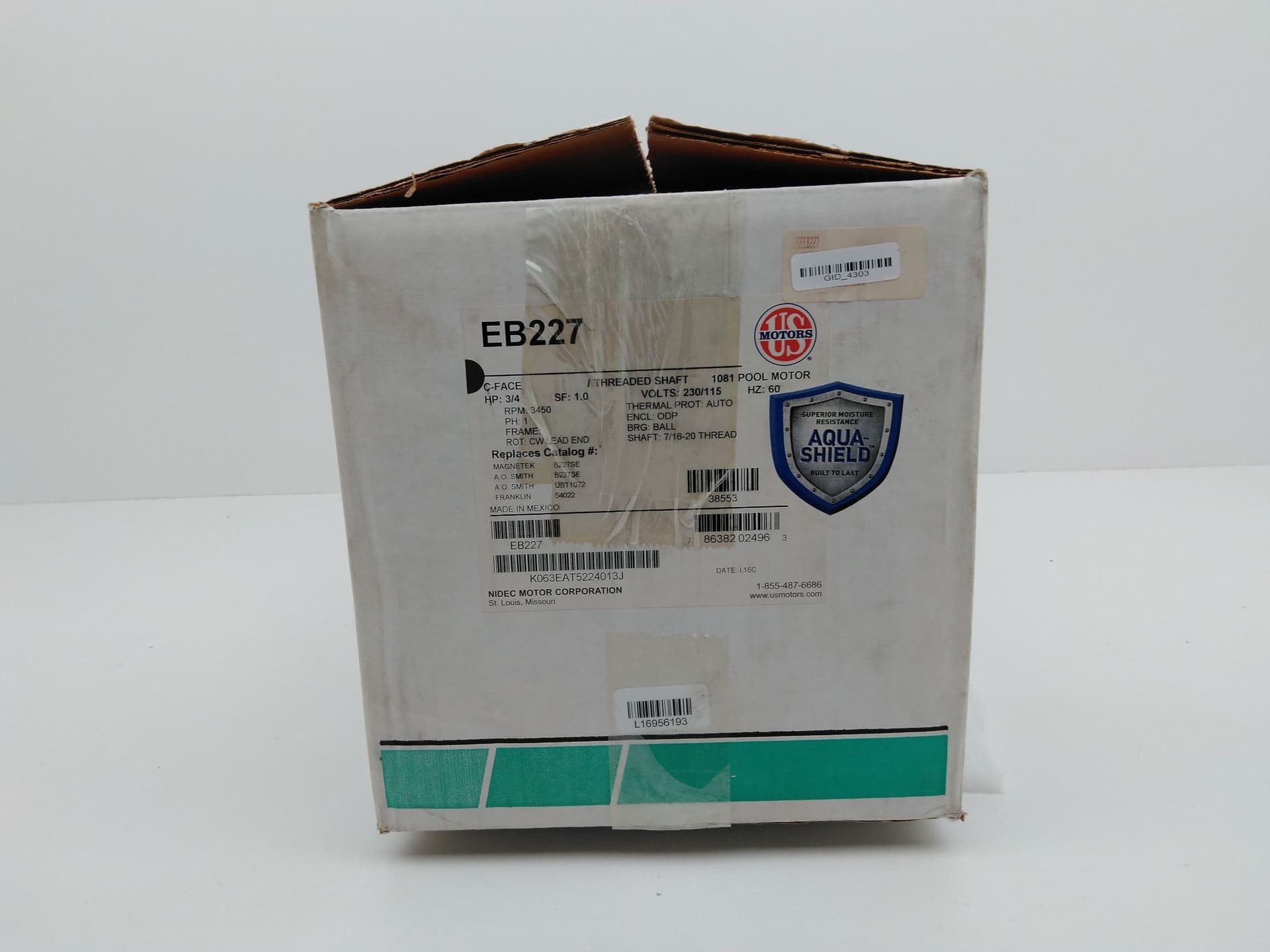 US Motor EB227 Motor, pool and Spa, 3/4Hp, 230/115V, 1Ph,3450 Rpm