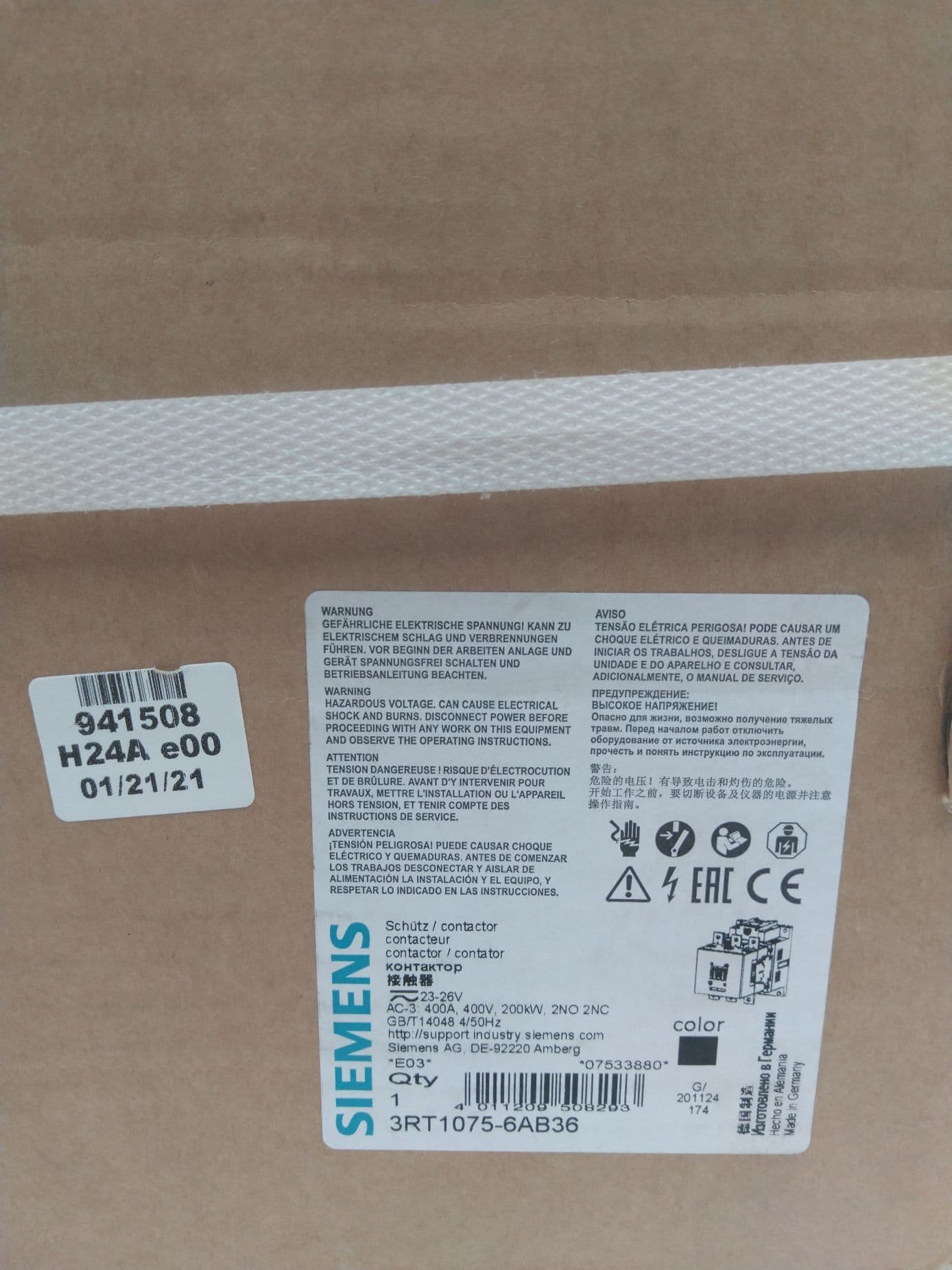 Siemens 3RT1075-6AB36 Power Contactor 400A 200kW 400V 23-26V Aux Contact 2NO2NC