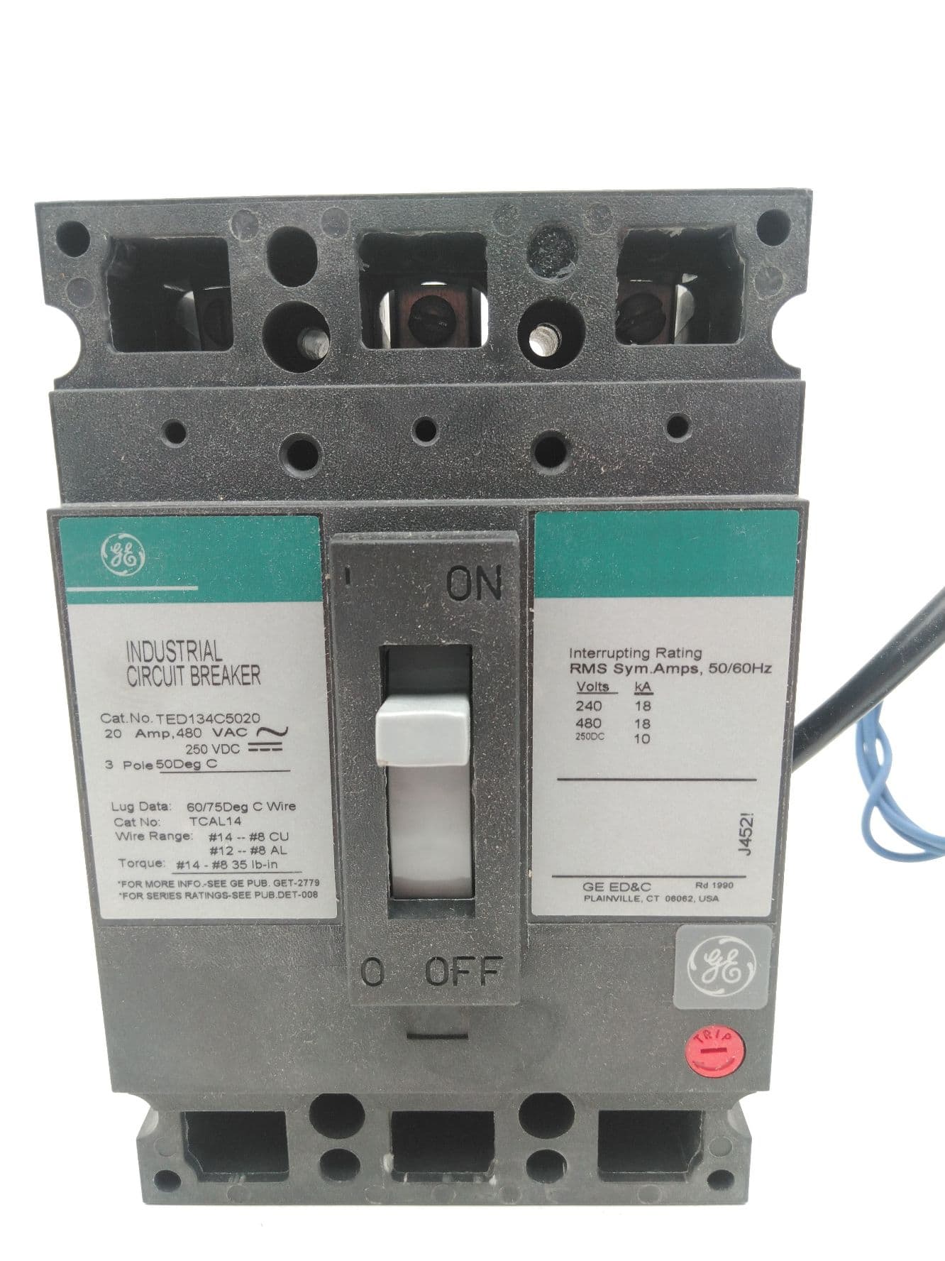 GE TED134C5020 Circuit Breaker 20A, 3P, 240/480V w/ TEDUV4 Undervoltage Release
