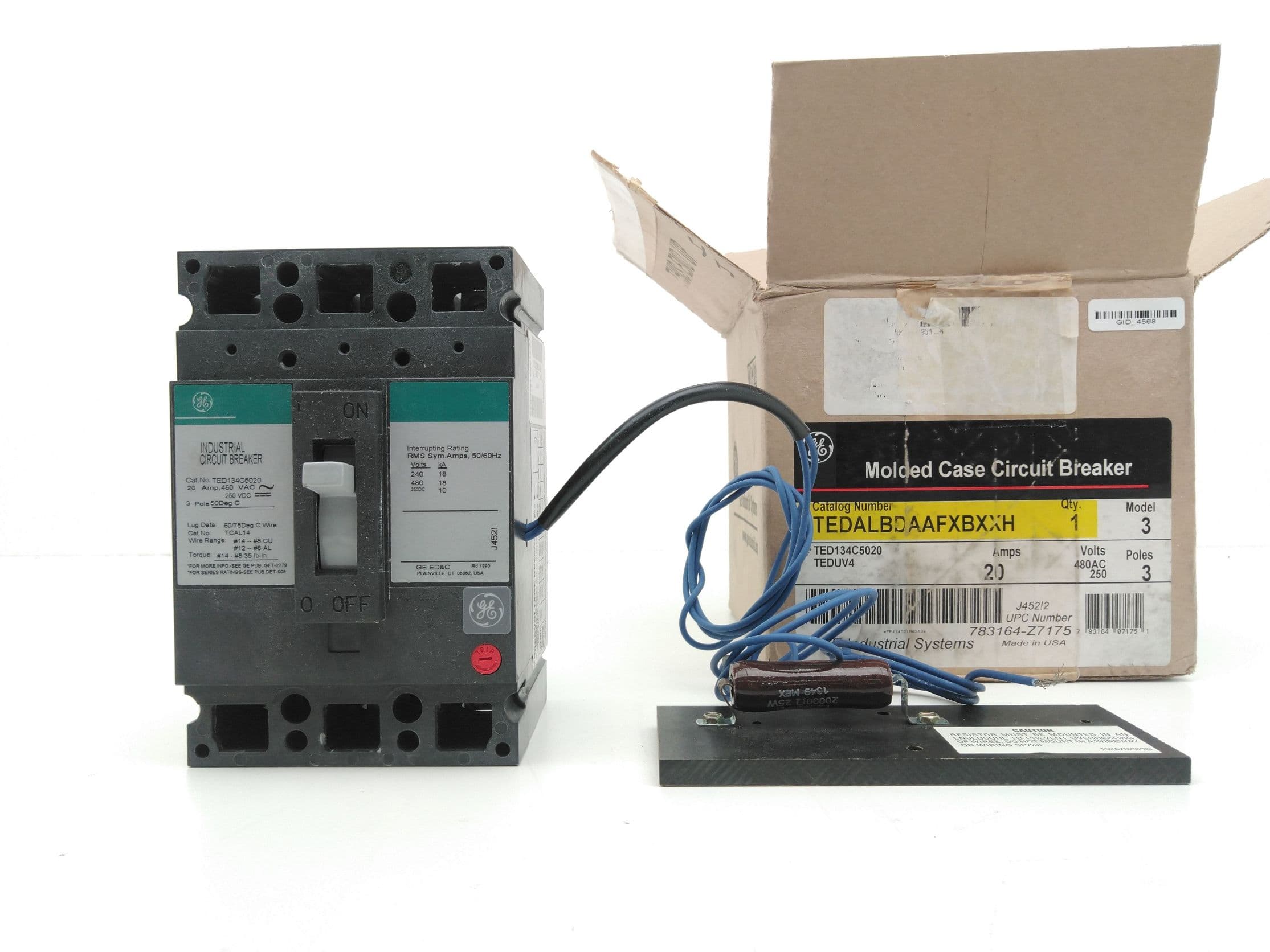 GE TED134C5020 Circuit Breaker 20A, 3P, 240/480V w/ TEDUV4 Undervoltage Release