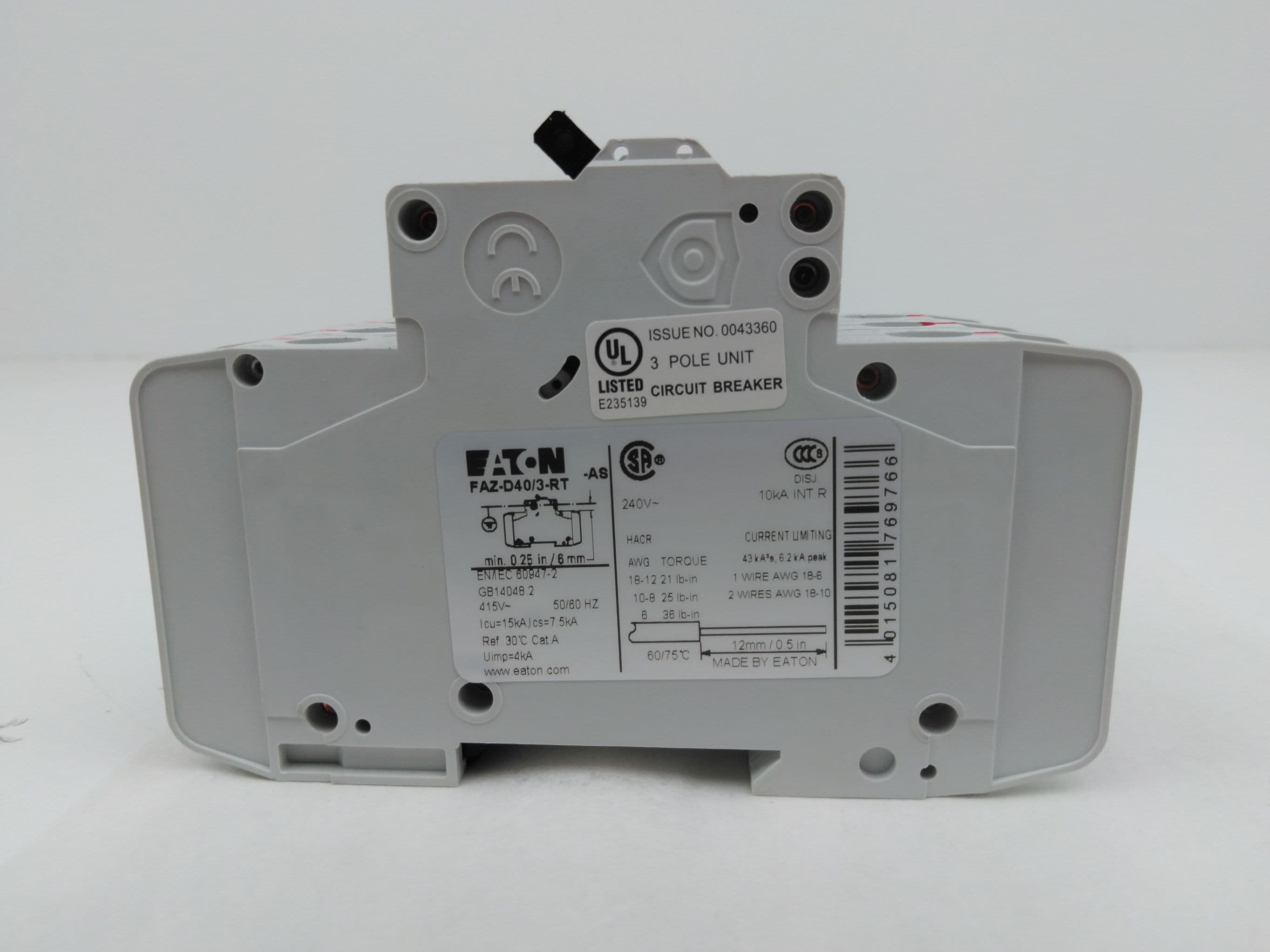 Eaton FAZ-D40/3-RT Circuit Breaker, 3 Pole, 40 Amp