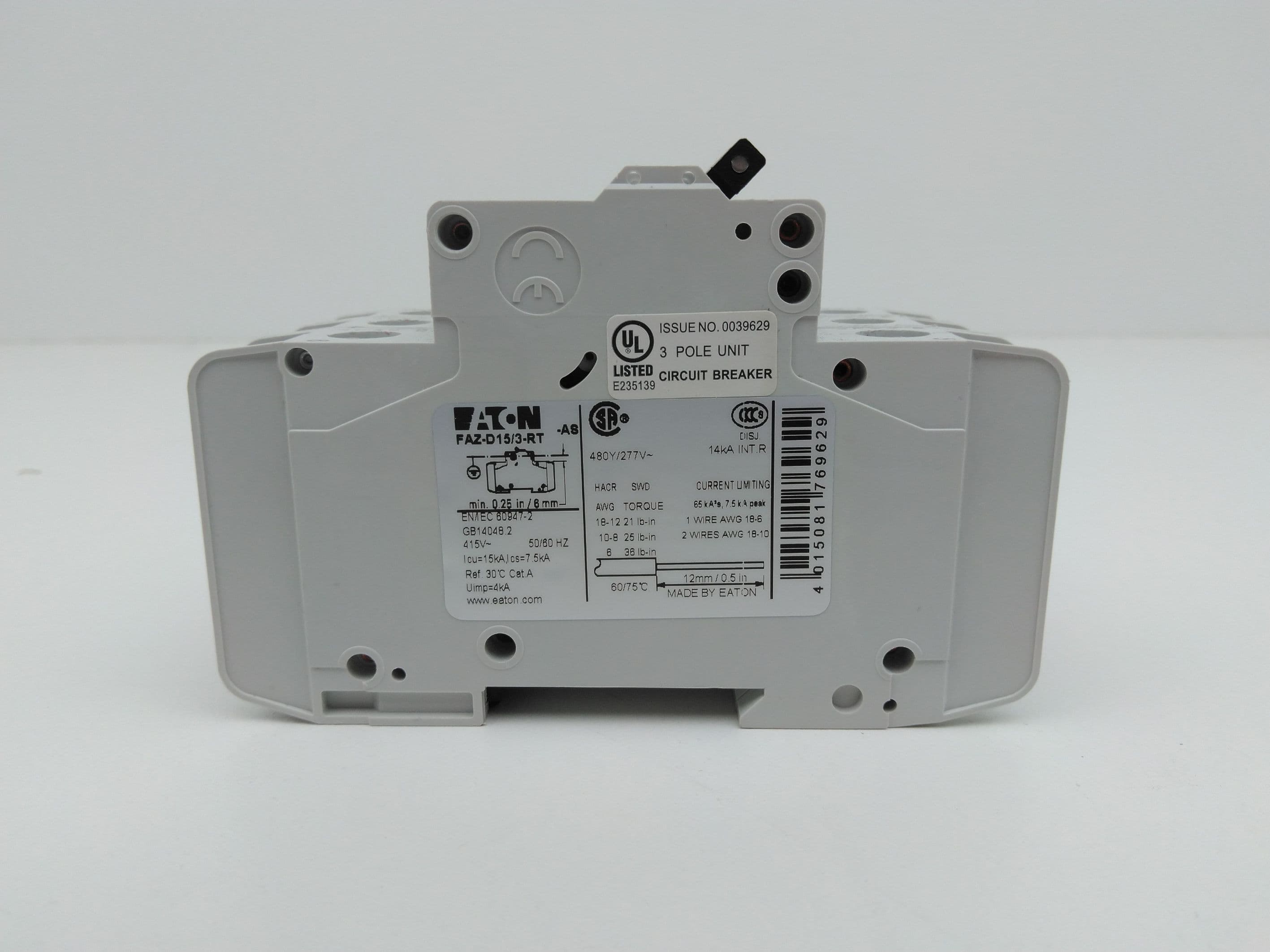 Eaton FAZ-D15/3-RT Circuit Breaker, 3 Pole, 15 Amp