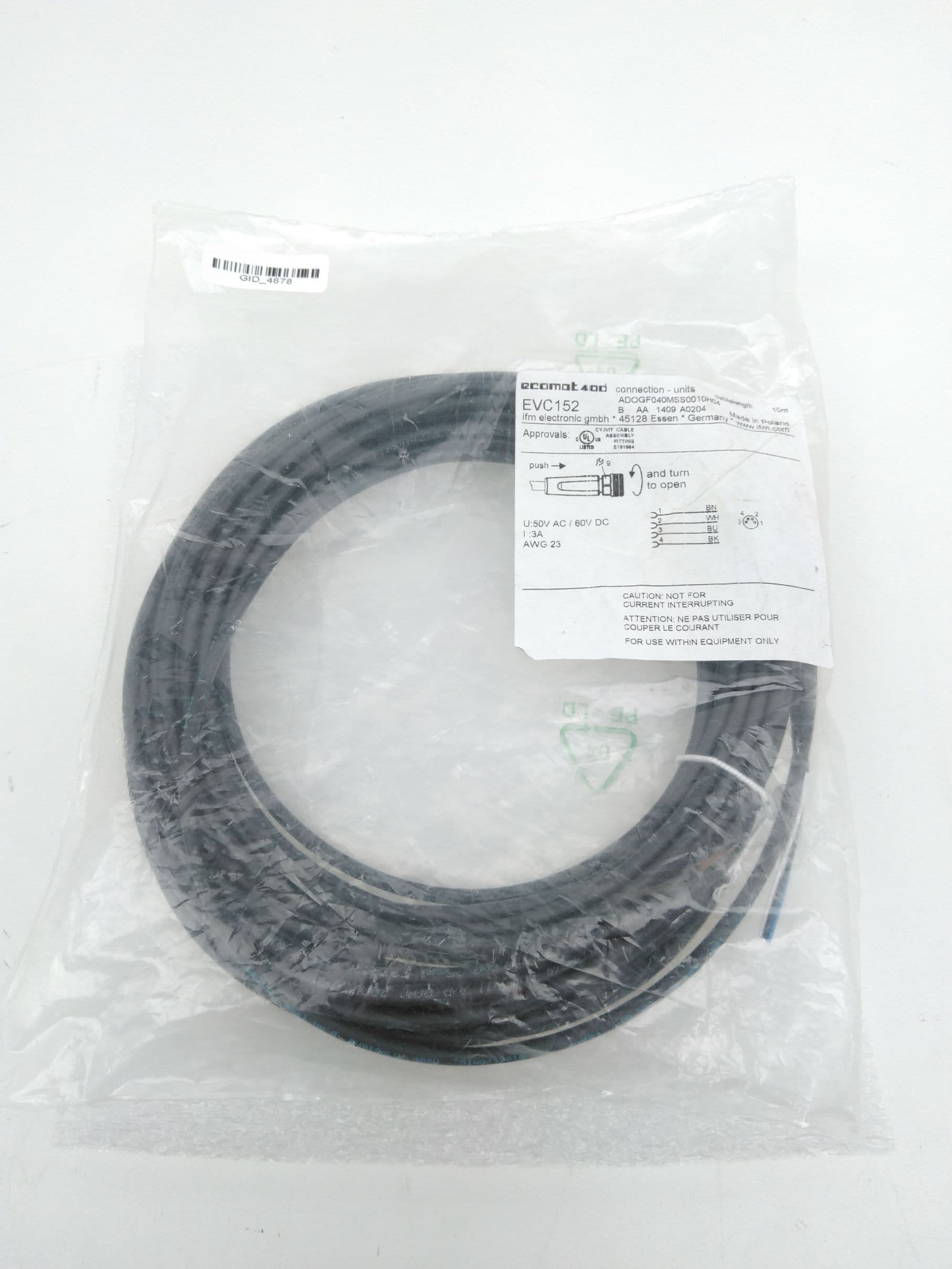 ifm EVC152 ADOGF040MSS0010H04 Female Cordset, M8, 4 Pin, Cut-end, 10m