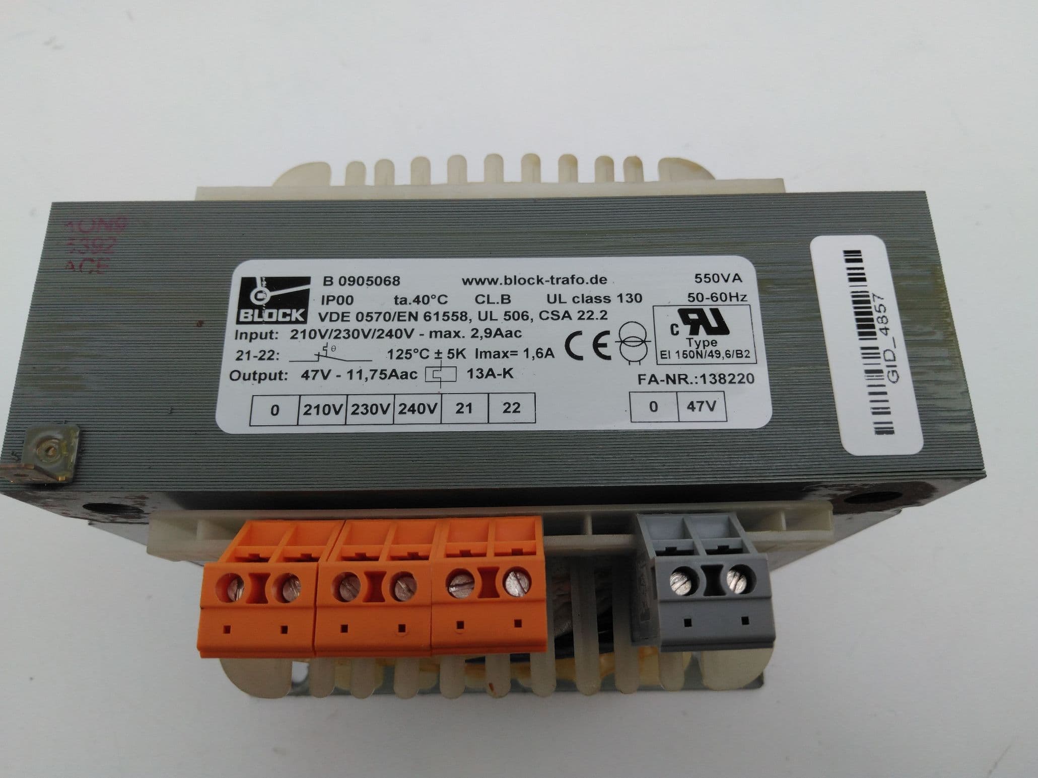 Block VDE 0570/EN 61558 Transformer Input 210V/230V/240V 2-9A Output 47V 11-75A