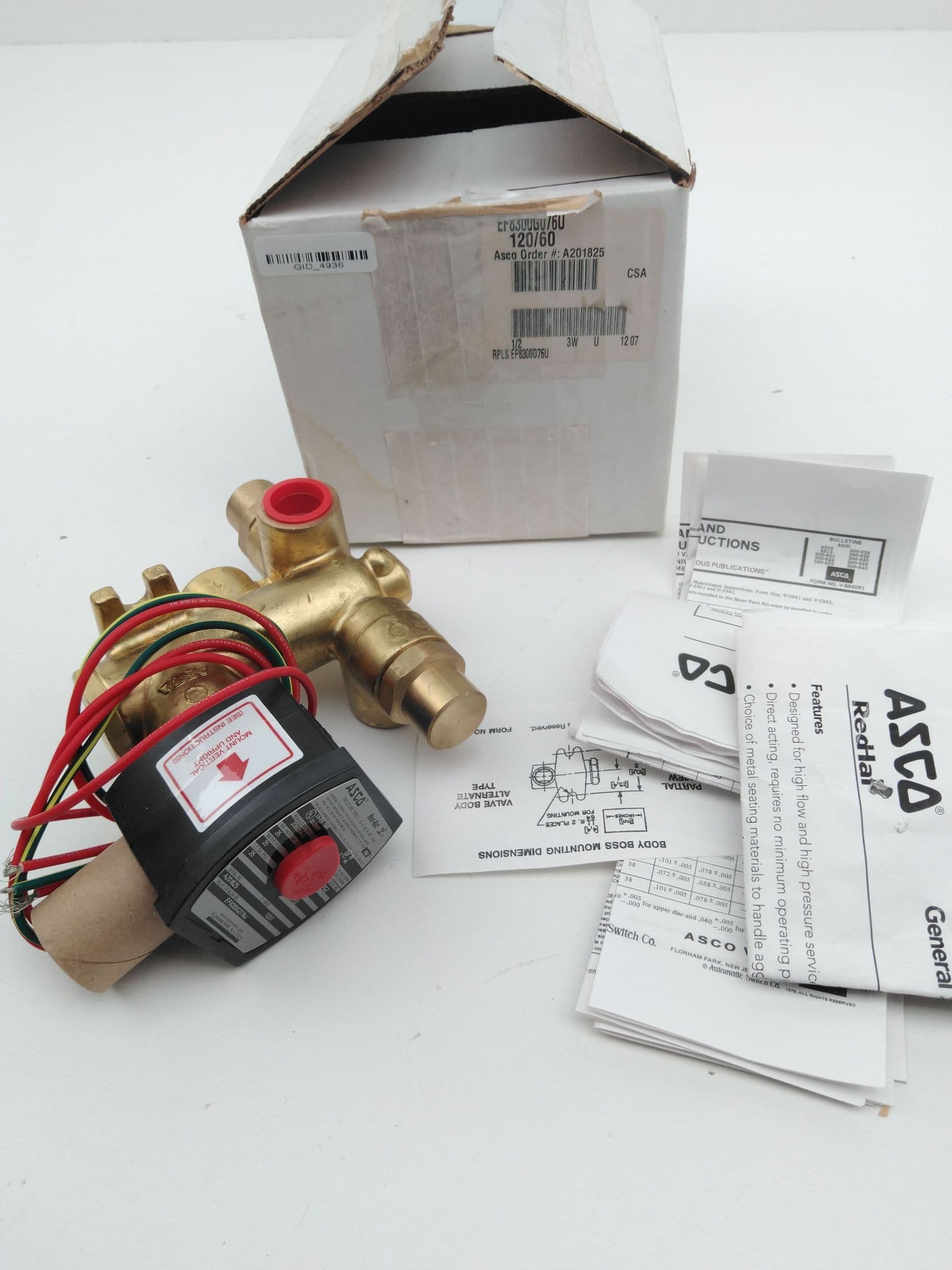 ASCO Red-Hat EF8300G076U 3-Way Solenoid Valve, 1/2", 120VAC, Brass, EX-Proof