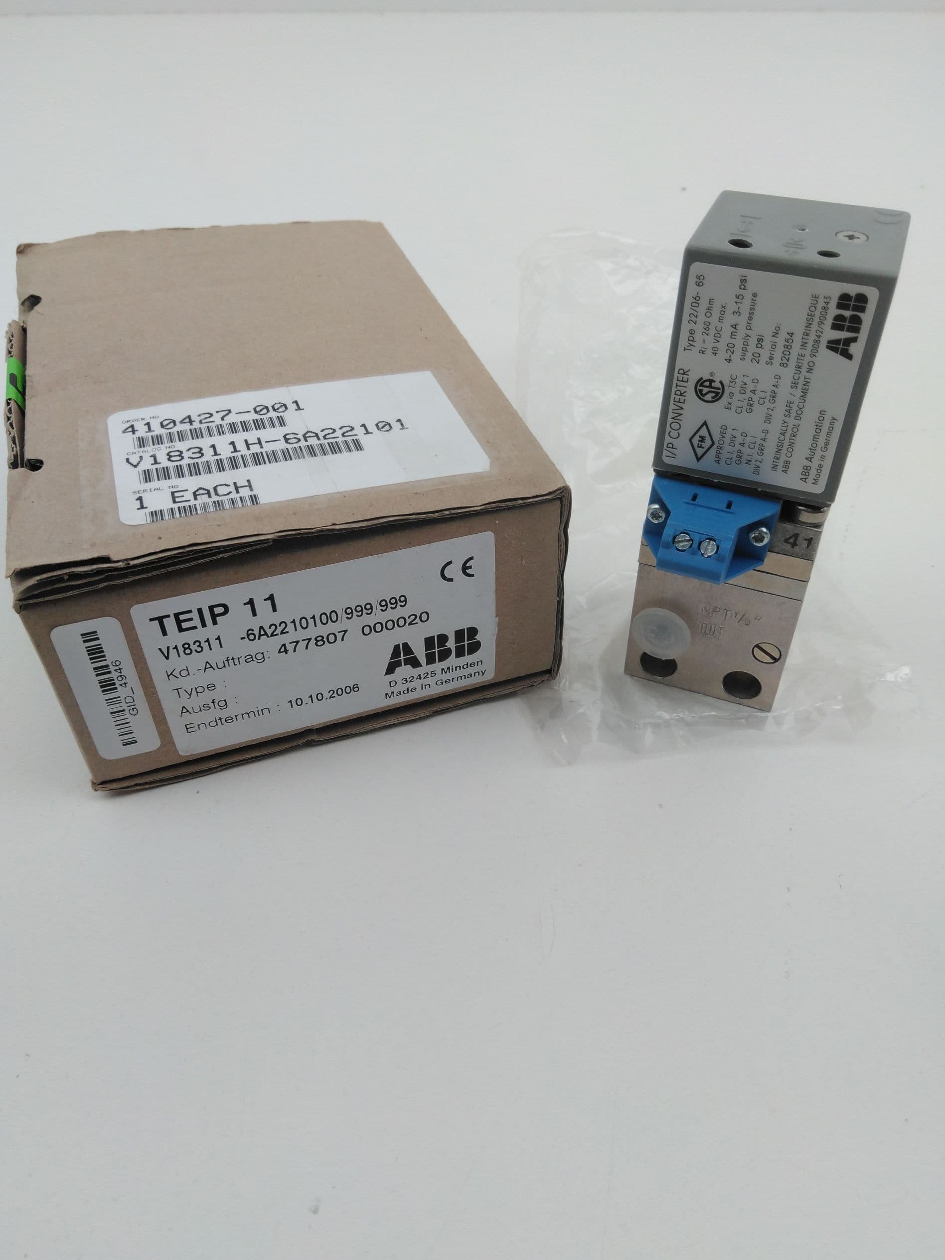 ABB 22/06-65 I/P Converter TEIP 11, 4-20mA, 3-15PSI, V18311H-6A22101