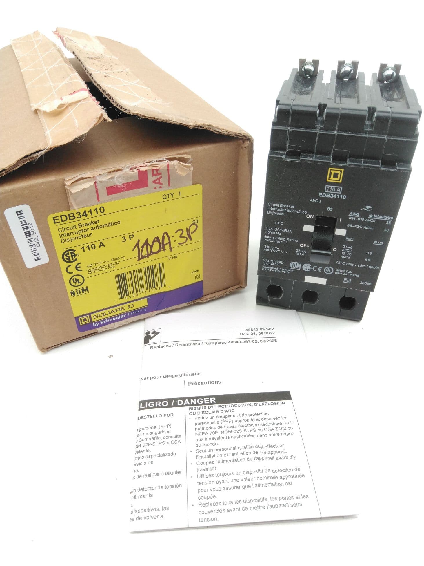 Square D EDB34110 Circuit Breaker 3 Pole 110Amp 277/480VAC